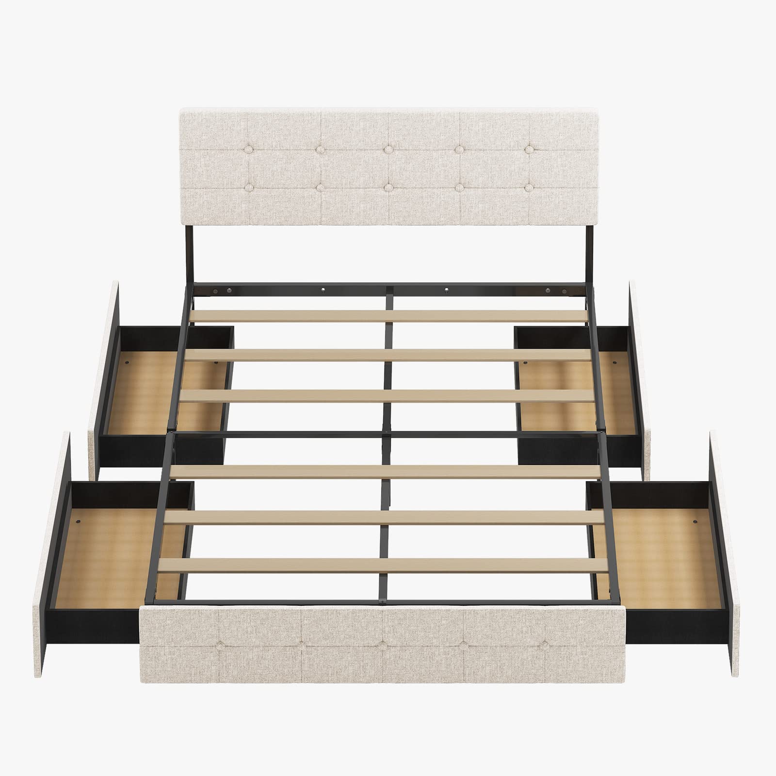 Mjkone Full Size Platform Bed Frame with 4 Storage Drawers - Beige Wooden Bed Frame for Small Spaces, Perfect for Apartments & Dorm Rooms