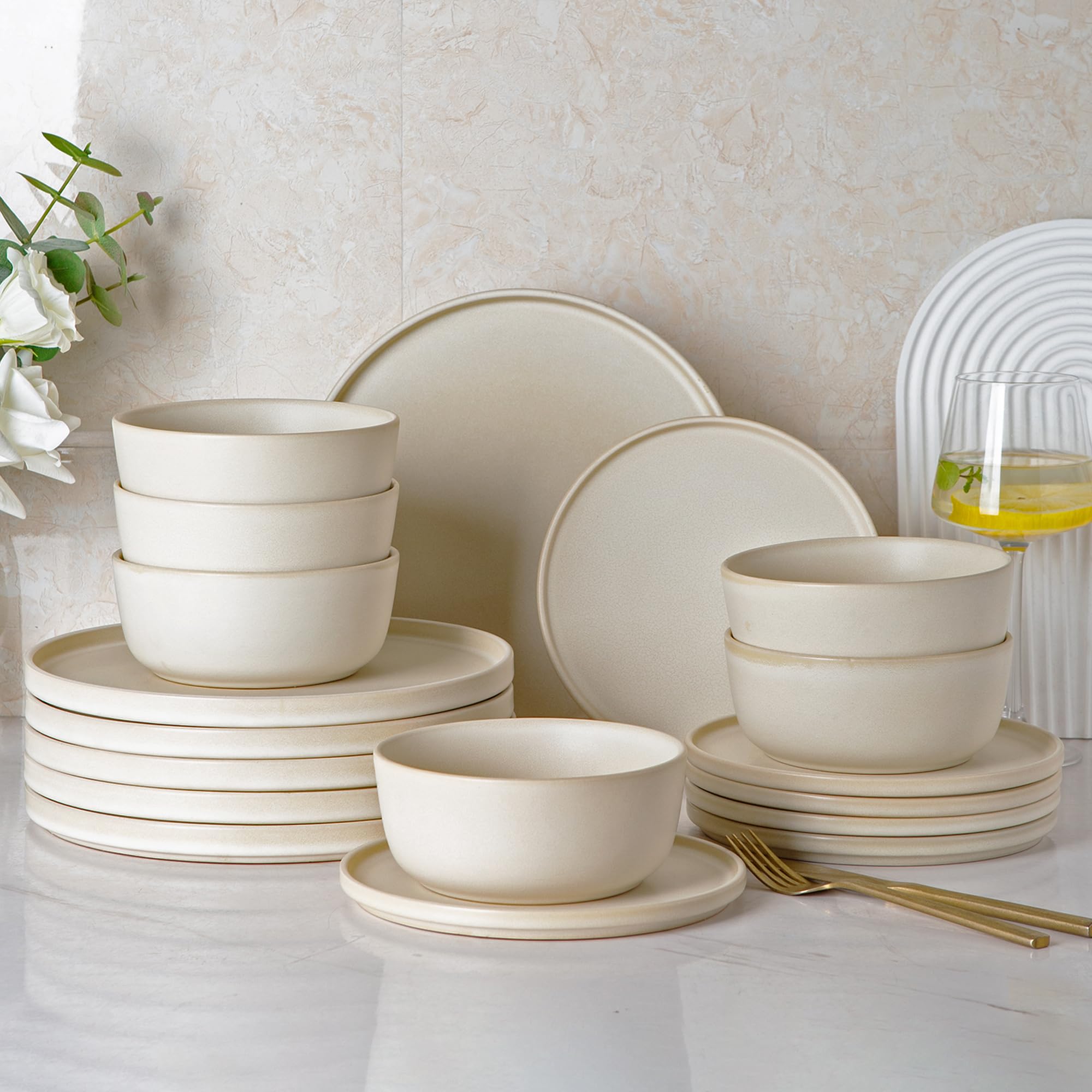 AmorArc 18-Piece Stoneware Dinnerware Set for 6, Chip & Crack Resistant Ceramic Plates & Bowls | Dishwasher & Microwave Safe | Elegant Round Dinnerware Set for Everyday Use, Family Dinners & Entertaining