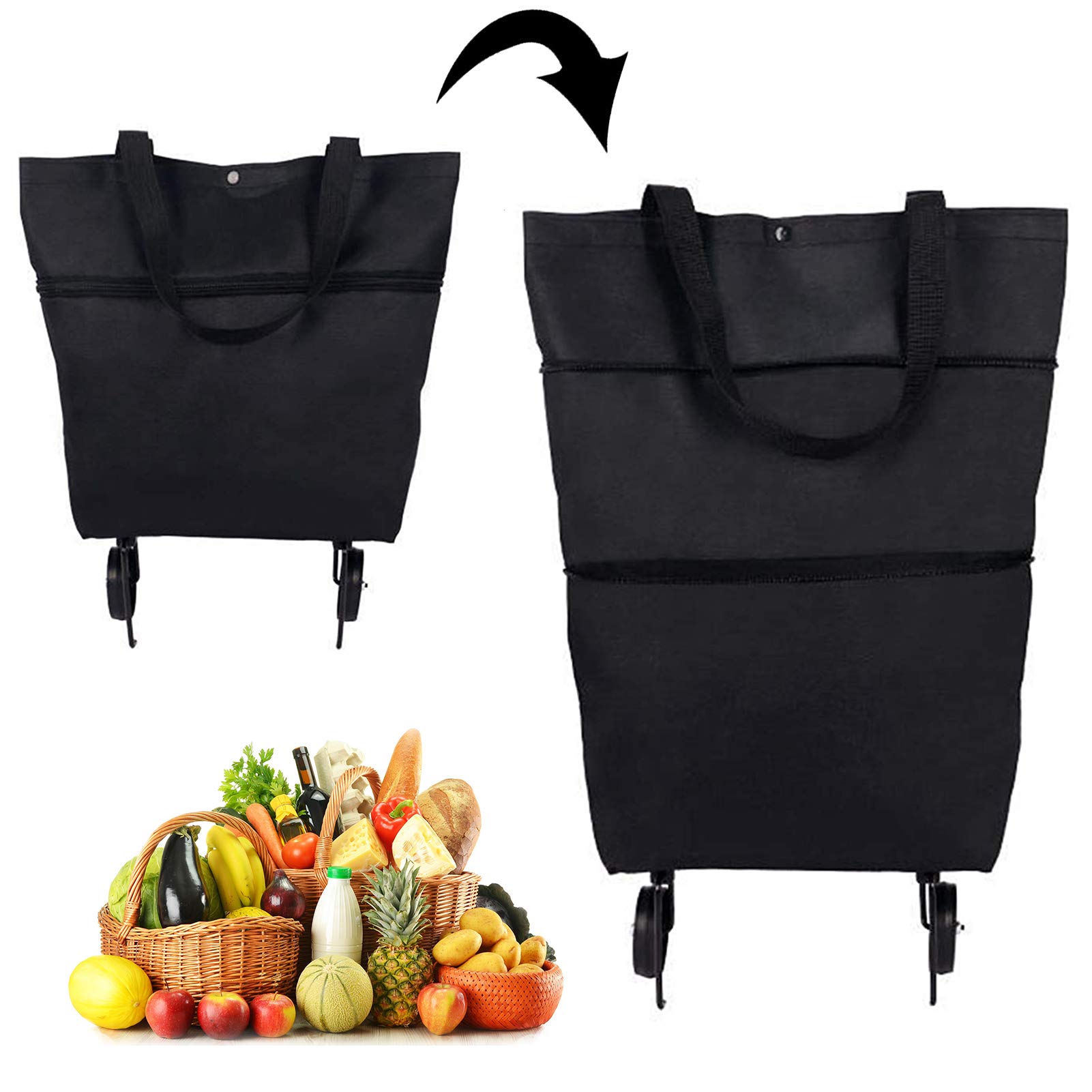 2 in 1 Foldable Shopping Cart with Wheels - Collapsible Grocery Cart & Storage Bag for Supermarket, Travel & Home Use - Heavy Duty Zippered Trolley (Black) | Perfect for Grocery Shopping, Laundry & Outdoor Activities