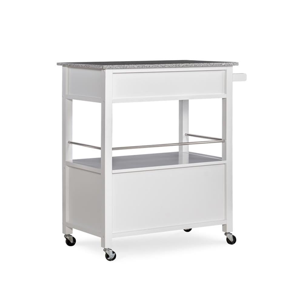 Pemberly Row White Transitional Wood Kitchen Cart with Granite Top - Perfect for Small Spaces, Kitchen Storage & Serving Buffet Style