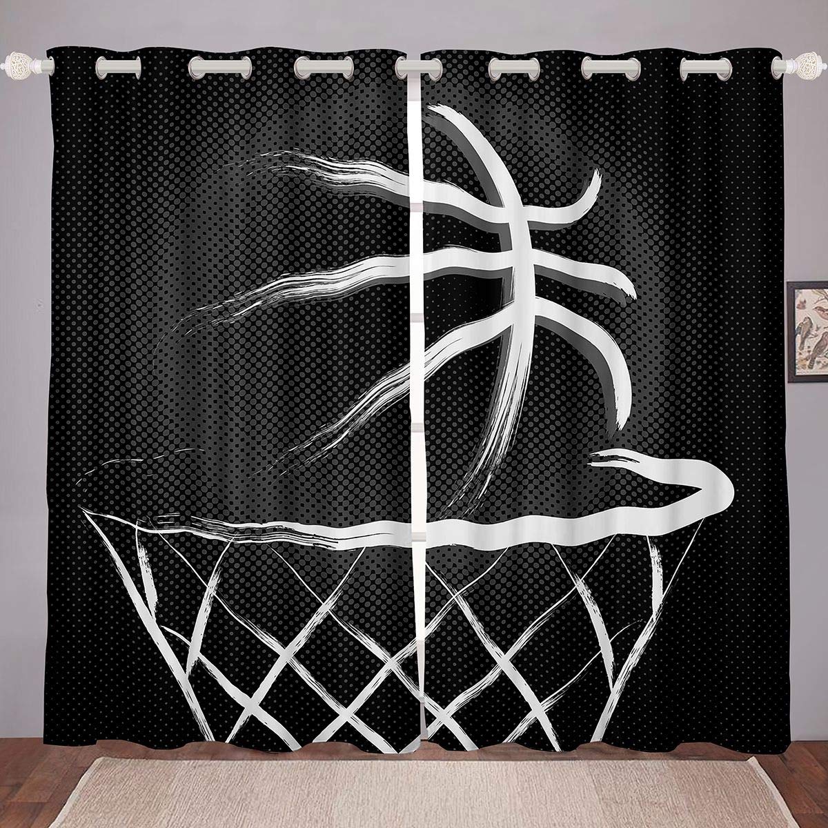 NBA Basketball Themed Blackout Curtains for Bedroom - 2 Panels 42x84 Inch Thermal Insulated Window Drapes with Luxury Texture Dots - Perfect for Basketball Fans, Game Room & Sports Themed Home Decor (Black)