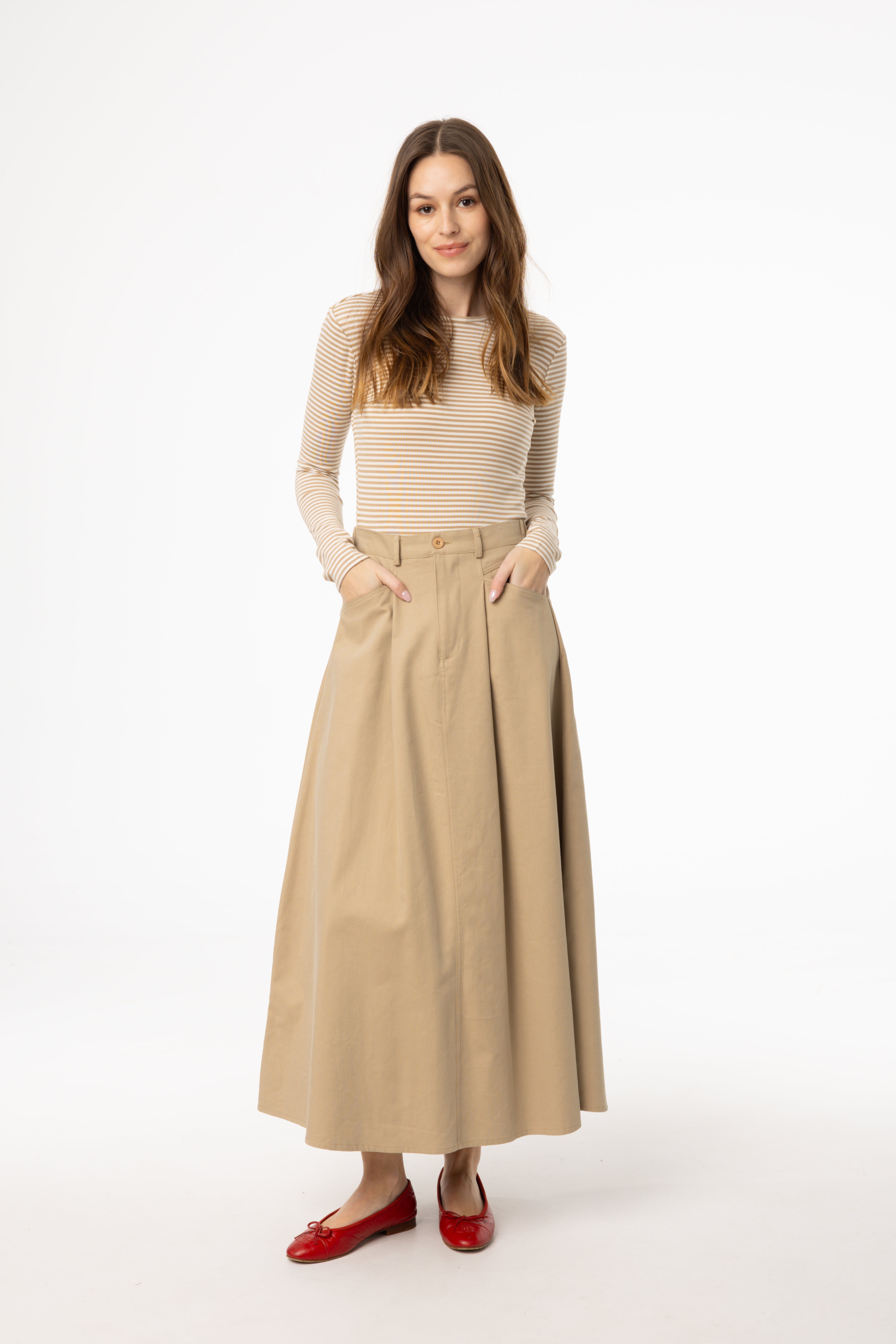 Stylish Tan Flare Cargo Maxi Skirt for Women - Boho Chic Long Skirt with Pockets - Perfect for Casual Outings, Music Festivals & Beach Vacations