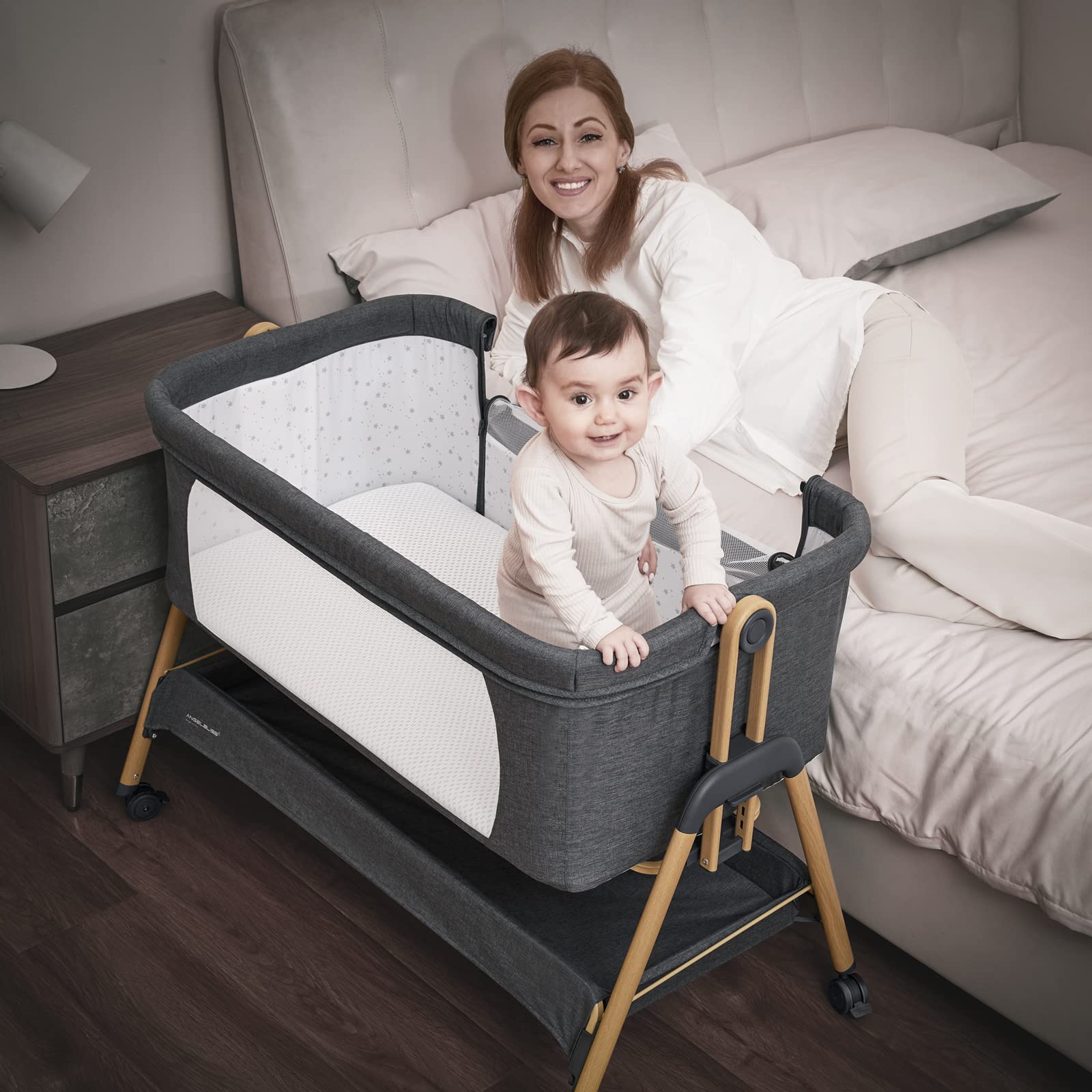 ANGELBLISS Baby Bassinet & Bedside Sleeper - Adjustable Portable Crib with Breathable Washable Mattress, 6-Level Height for Safe Co-Sleeping | Newborn Infant Bed for Nursery, Travel & Home Use
