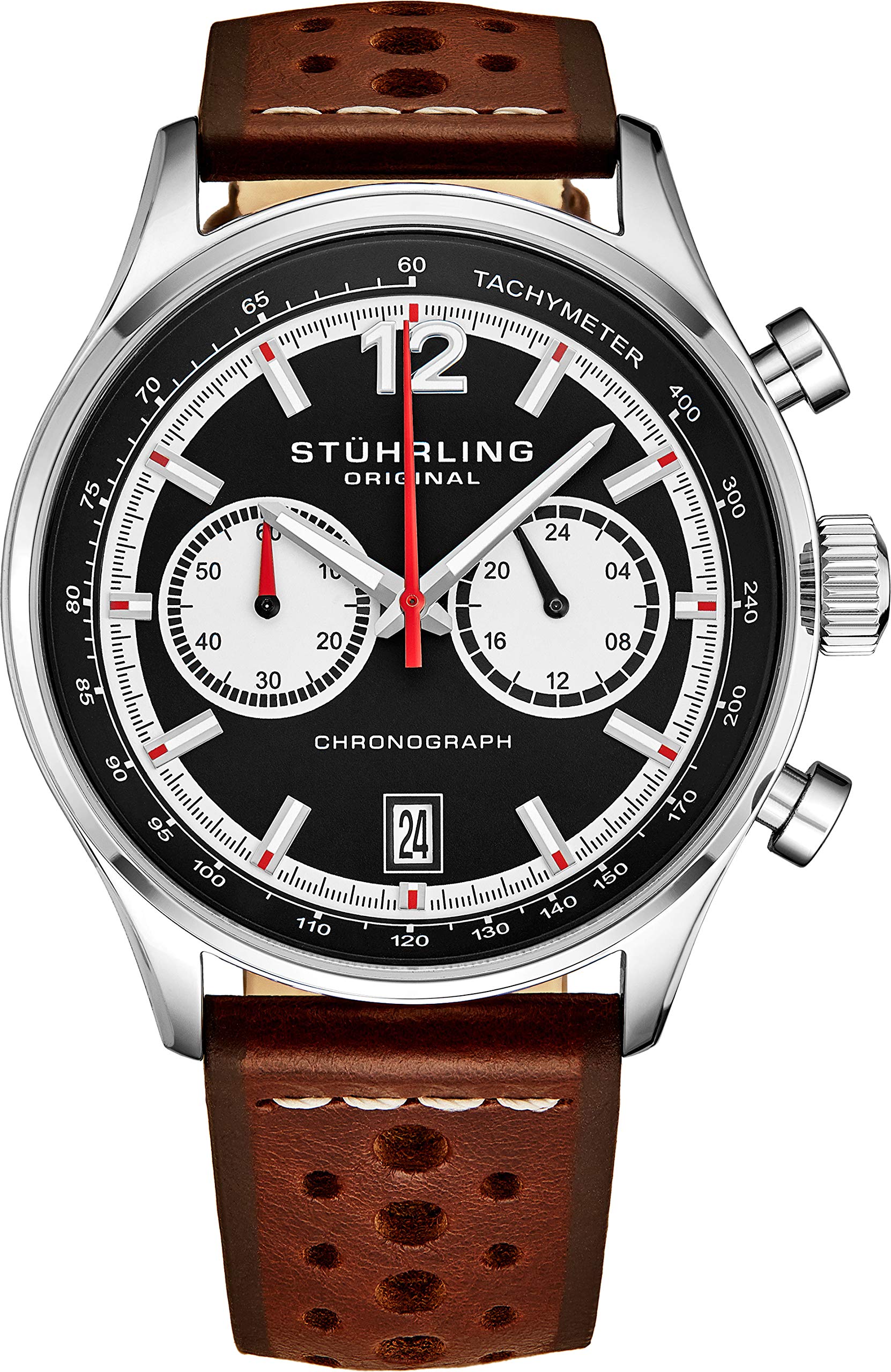 Stuhrling Original Men's Leather Tachymeter Chronograph Watch - Stainless Steel Case, Analog Date Dial - Luxury Dress & Casual Timepiece for Business, Office & Everyday Wear - 933 Series Men's Watch Collection