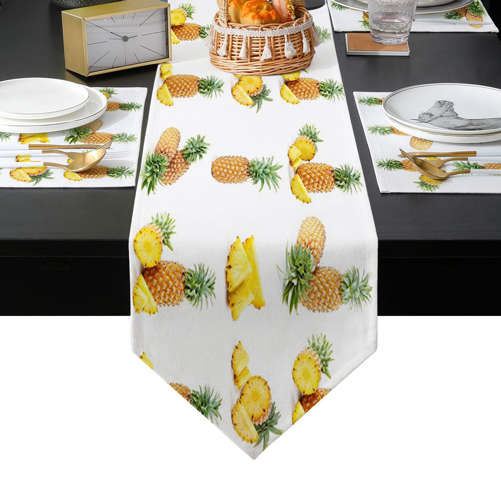 DoremiHome Pineapple Table Runner and 4-Piece Placemats Set - Washable Linen Kitchen Dining Table Decor for Indoor Use - Tropical Summer Yellow Fruit Theme - Perfect for Beach House, Summer Parties & Tropical-Themed Events