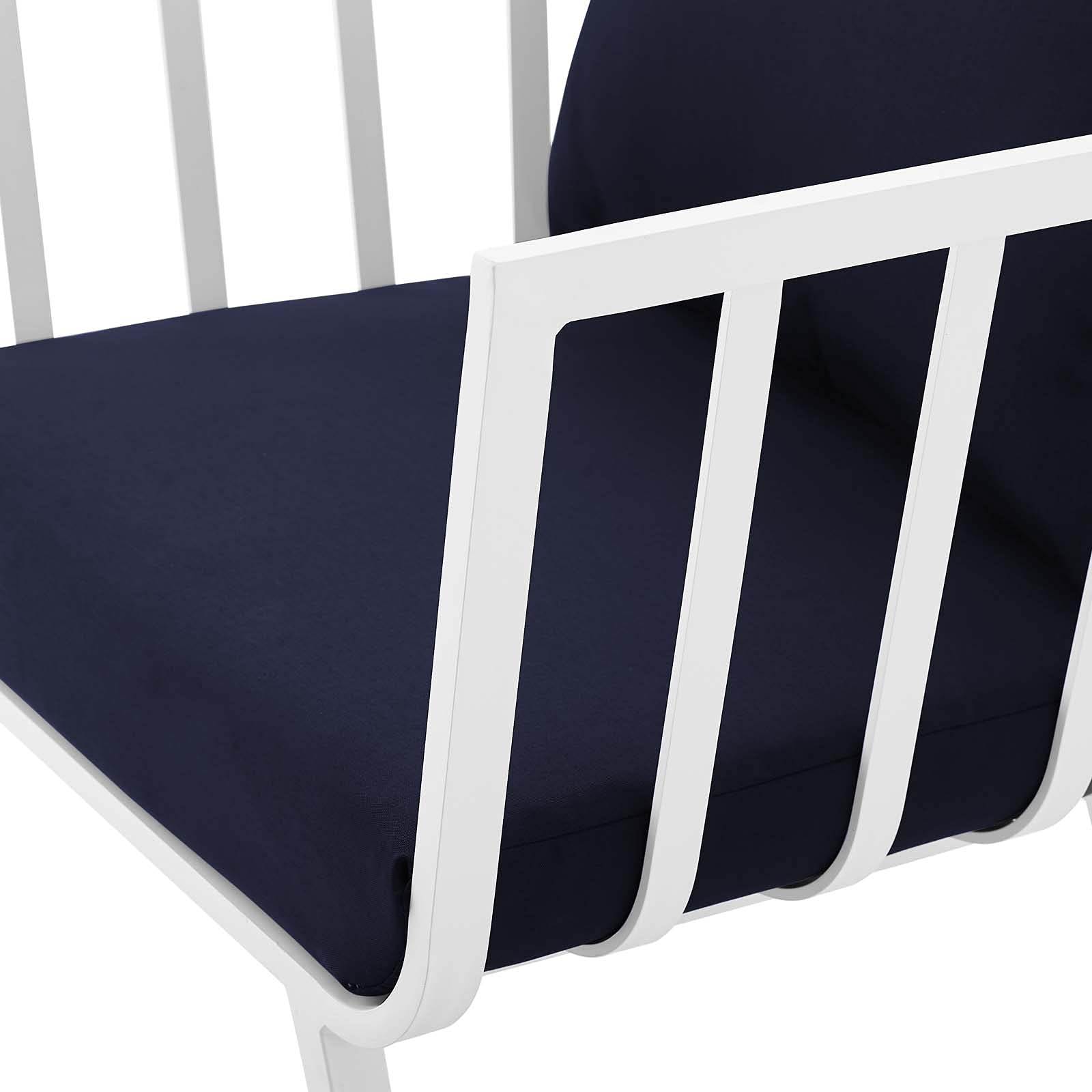 Modern Outdoor Lounge Chair Armchair Set of 2 - Aluminum Metal Frame with White Blue Navy Cushions - Perfect for Patio, Cafe, Bistro & Backyard Relaxation