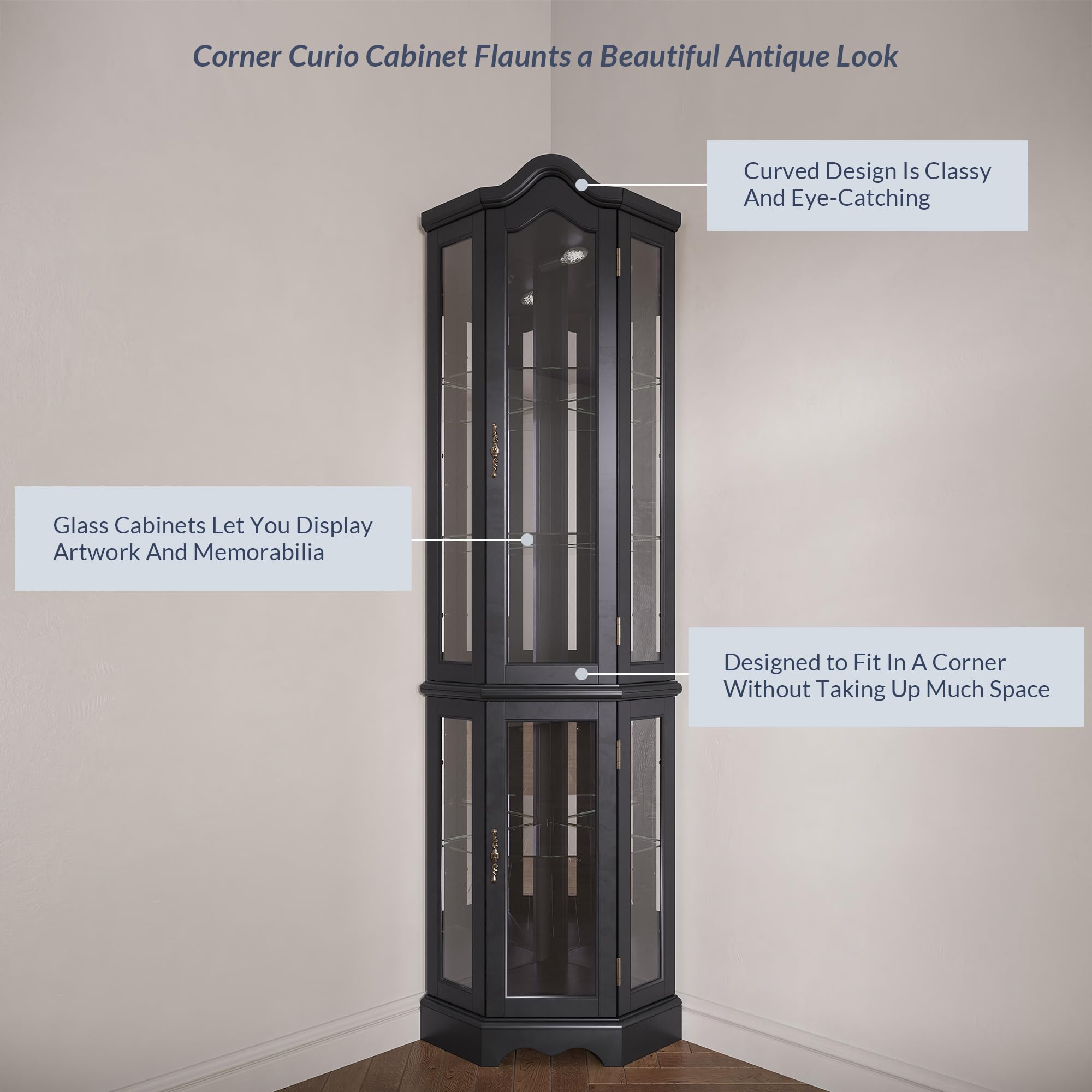 BELLEZE Lighted 3-Side Glass Display Curio Cabinet with Tempered Glass Doors & Shelves - Wooden Corner Cabinet with LED Bulbs for Living Room, Kitchen, Dining Room - Perfect for Showcasing Collectibles, China, or Decorative Items (Black)