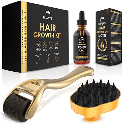 ELEVATE Derma Roller Kit for Hair Growth - Natural Biotin Hair Serum & Scalp Massager Brush | Stimulates Hair Regrowth for Thicker, Stronger Hair in Men & Women | Hair Loss Treatment for Daily Use at Home & Salon