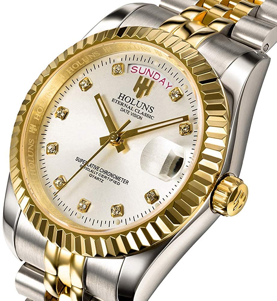 LOREO Men's Luxury Gold Quartz Watch with Diamond Dial, Stainless Steel Bracelet & Sapphire Glass - Classic Dress Watch with Date Display, 50M Waterproof - Perfect for Business, Formal Events & Gifting