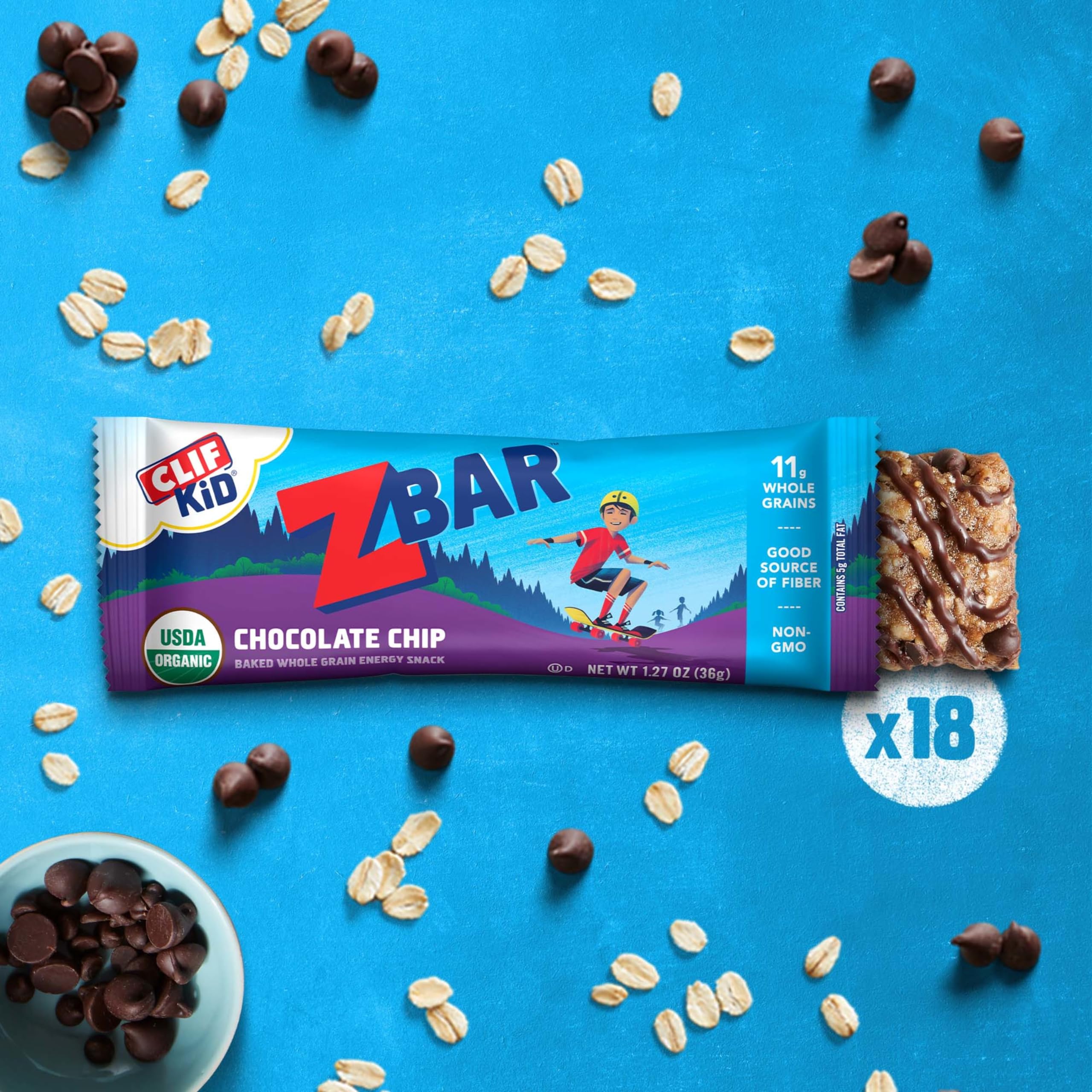 Organic CLIF Kid Zbar Chocolate Chip Snack Bars - 18 Pack for School Lunches & Outdoor Activities