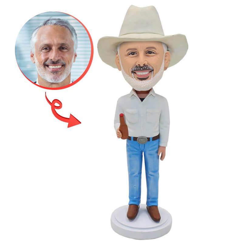 Custom Cowboy With Beer Bottle Bobblehead - Personalized Western Decor for Bars, Man Caves & Gifts | Fun Collectible for Cowboy Fans & Beer Lovers