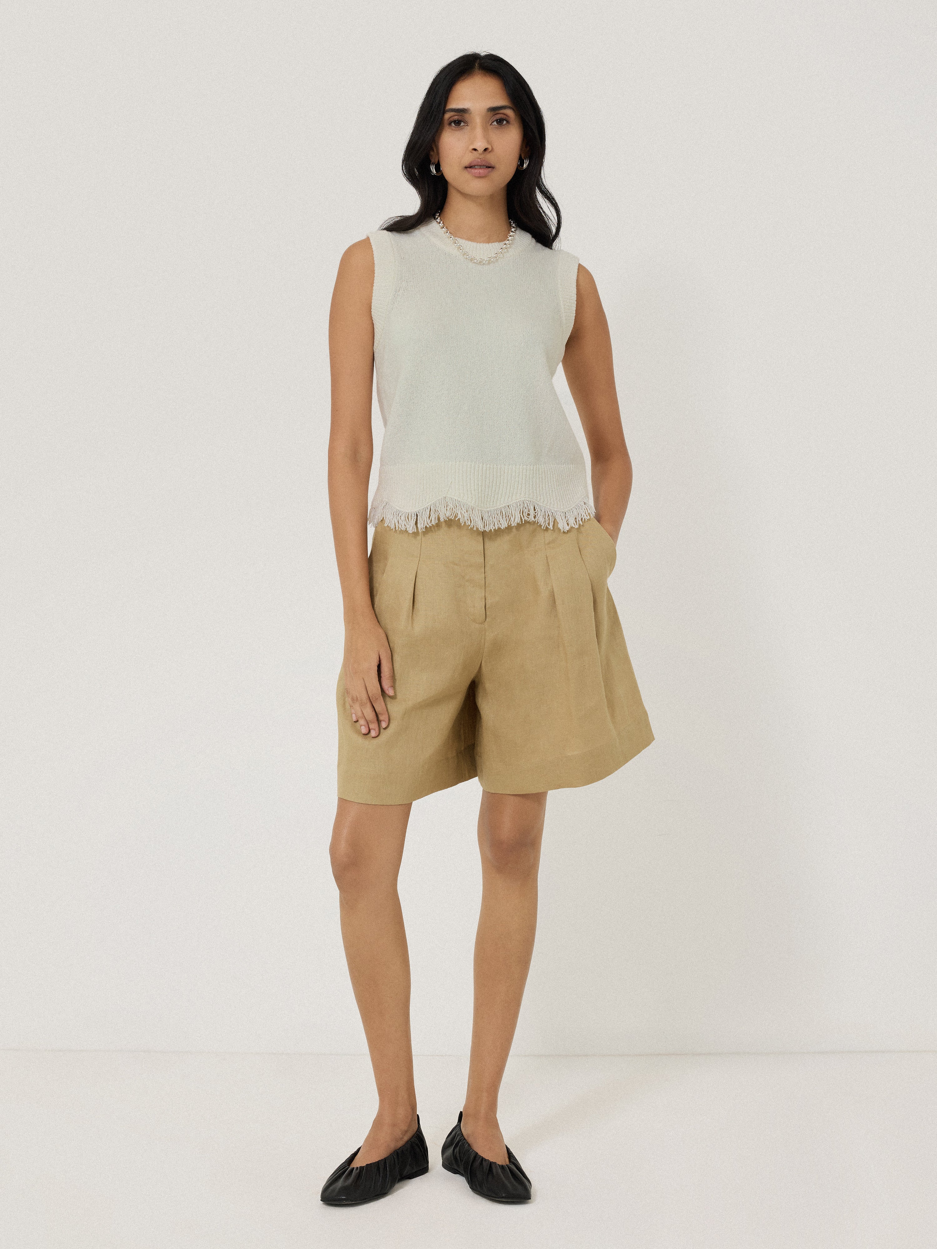 Silk Blend Boucle Fringe Tank Top for Women - Ivory Summer Beachwear & Casual Outfit