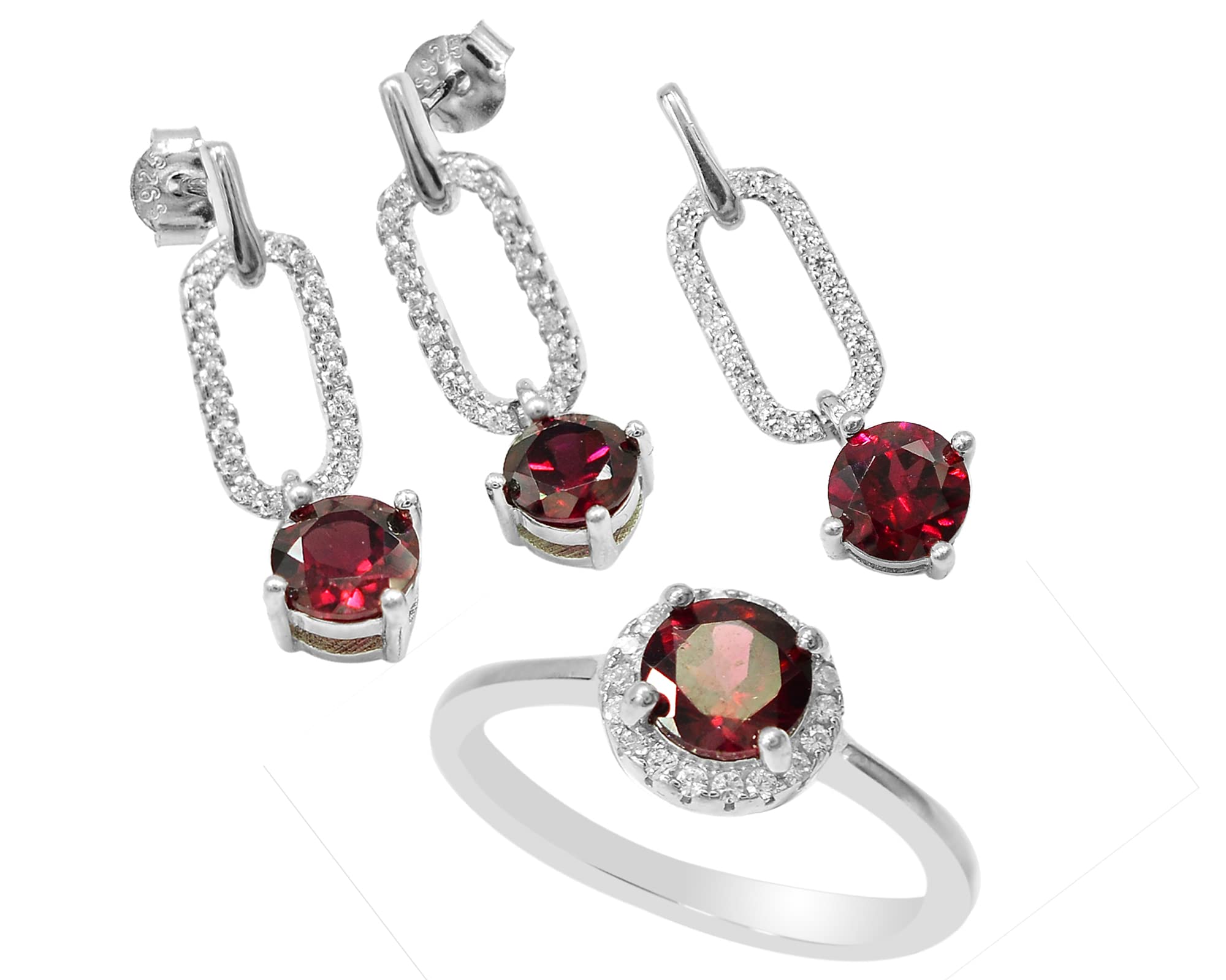 925 Sterling Silver 6mm Round Cut Natural Red Rhodolite Garnet Jewelry Set - Ring, Earrings & Pendant for Women | January Birthstone Gift for Wife, Anniversary, Valentine's Day & Special Occasions