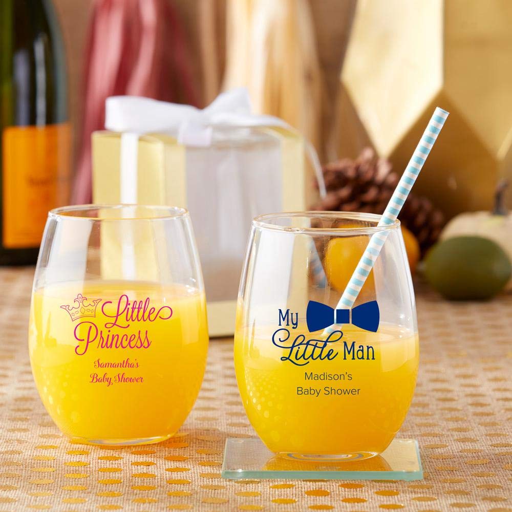 Kate Aspen Personalized 15 oz. Stemless Wine Glass Set - 72pcs Light Blue Custom Text Drinking Glasses for Baby Shower Party Favors, DIY Wedding & Bridal Shower Decor - Perfect for Celebrations & Gifts