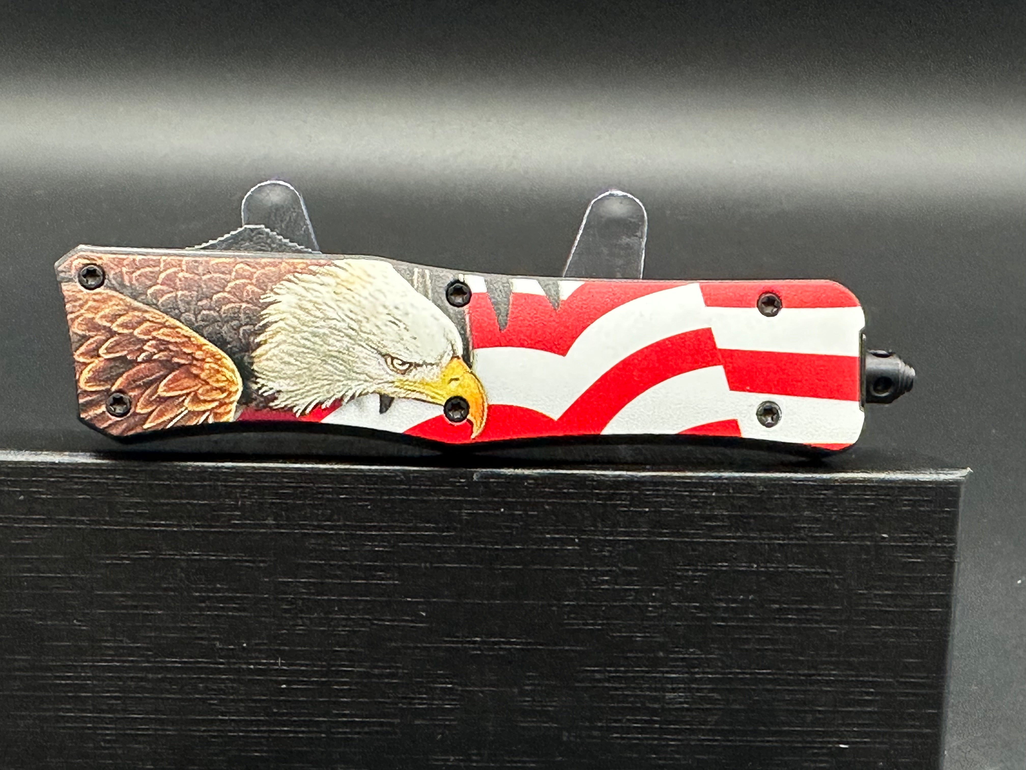 TacKnives MTUP7 Double Action OTF Knife with American Flag & Eagle Design - Perfect for Outdoor Camping, Hunting, and Everyday Carry (EDC)