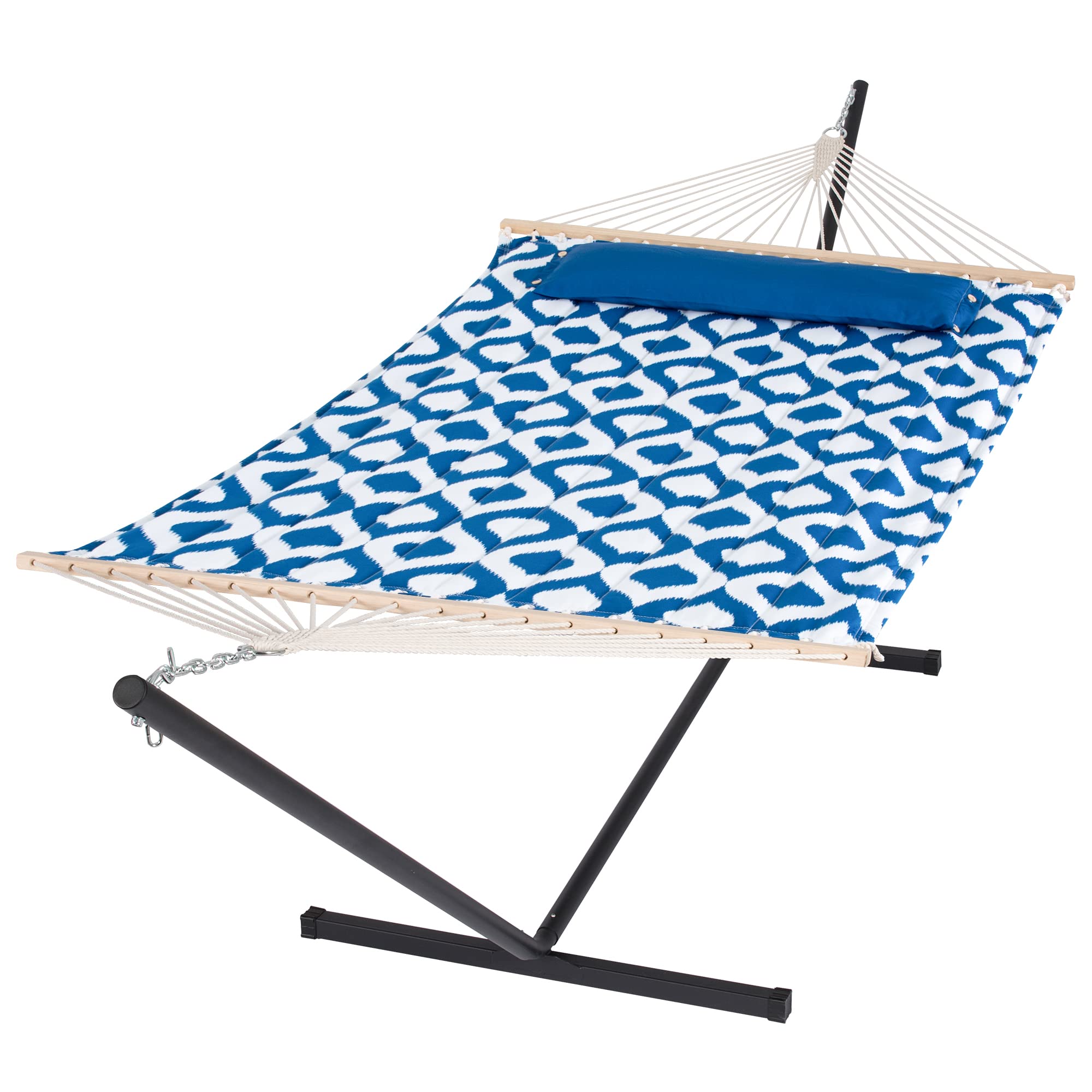 Portable Free Standing Double Hammock with Stand - Outdoor Hammock for Backyard, Beach & Camping - Includes Large Fluffy Pillow (Blue Heart Design)