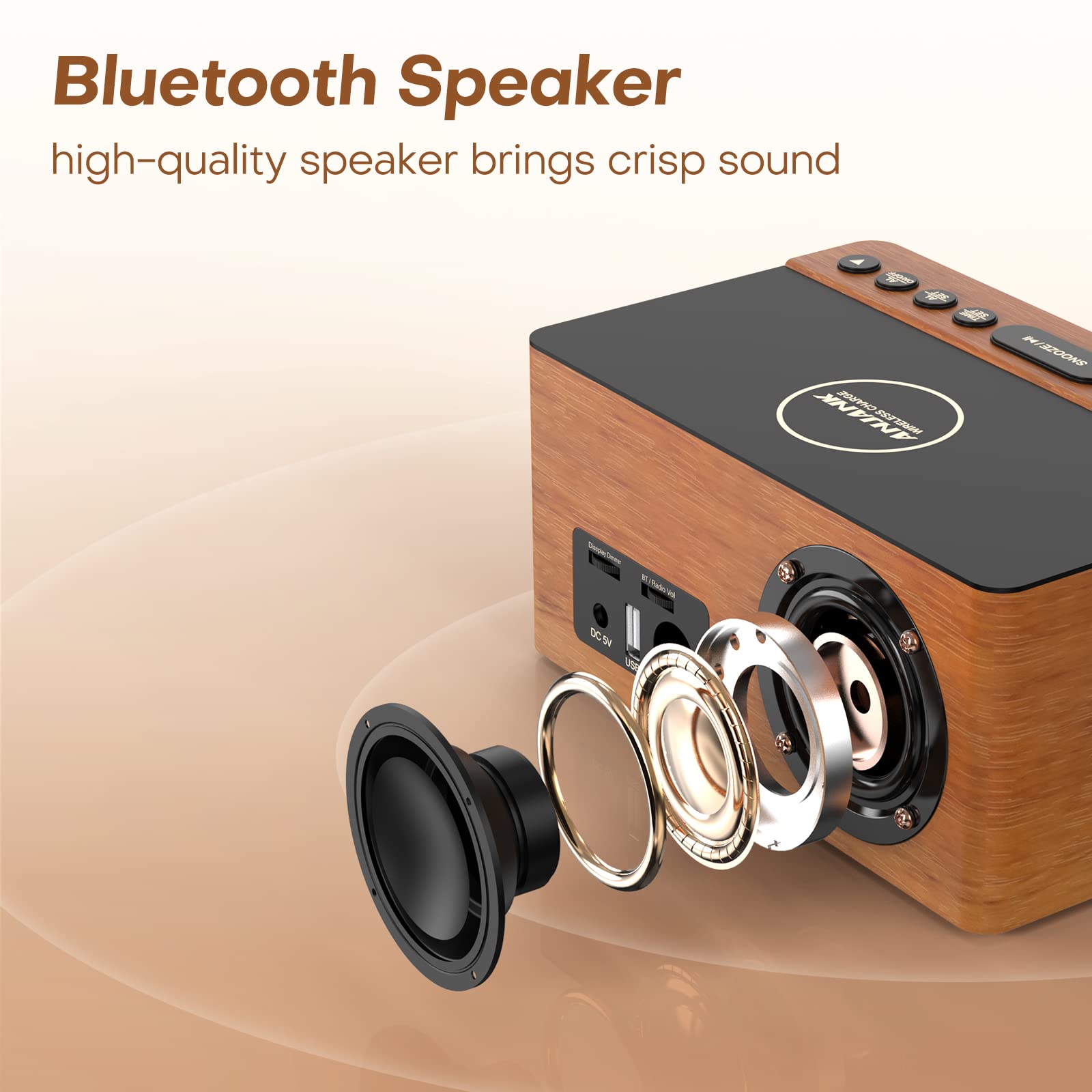 Premium Wooden Bluetooth Speaker Alarm Clock with FM Radio, Wireless Charging for iPhone & Samsung, USB Port, Dimmable Display, Sleep Timer - Digital Wooden Bedside Clock for Bedroom, Office & Travel