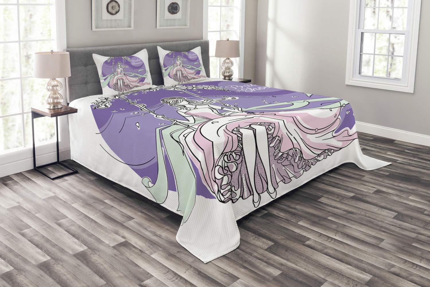 Ambesonne 3-Piece Bridal Shower Bedding Set - King Size Floral Wedding Bedspread with 2 Pillow Shams, Purple & Pink Bride Party Theme | Perfect for Wedding Celebrations, Bridal Showers & Honeymoon Suite Decor