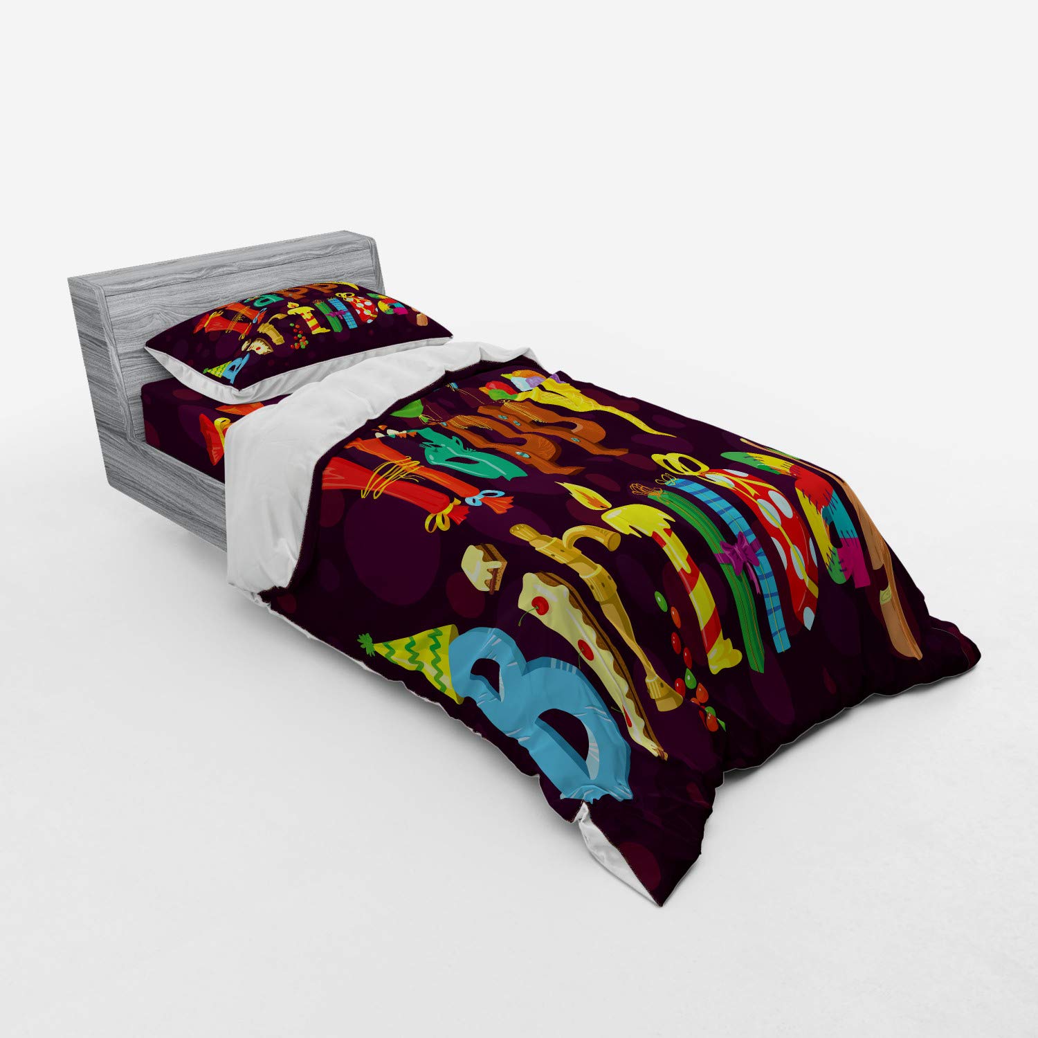 Ambesonne 3-Piece Twin Size Duvet Cover Set - Abstract Purple Ice Cream & Sweets Birthday Party Design with Sham & Fitted Sheet | Fun Bedding for Kids' Rooms, Teen Dorm Decor & Birthday Gift Ideas
