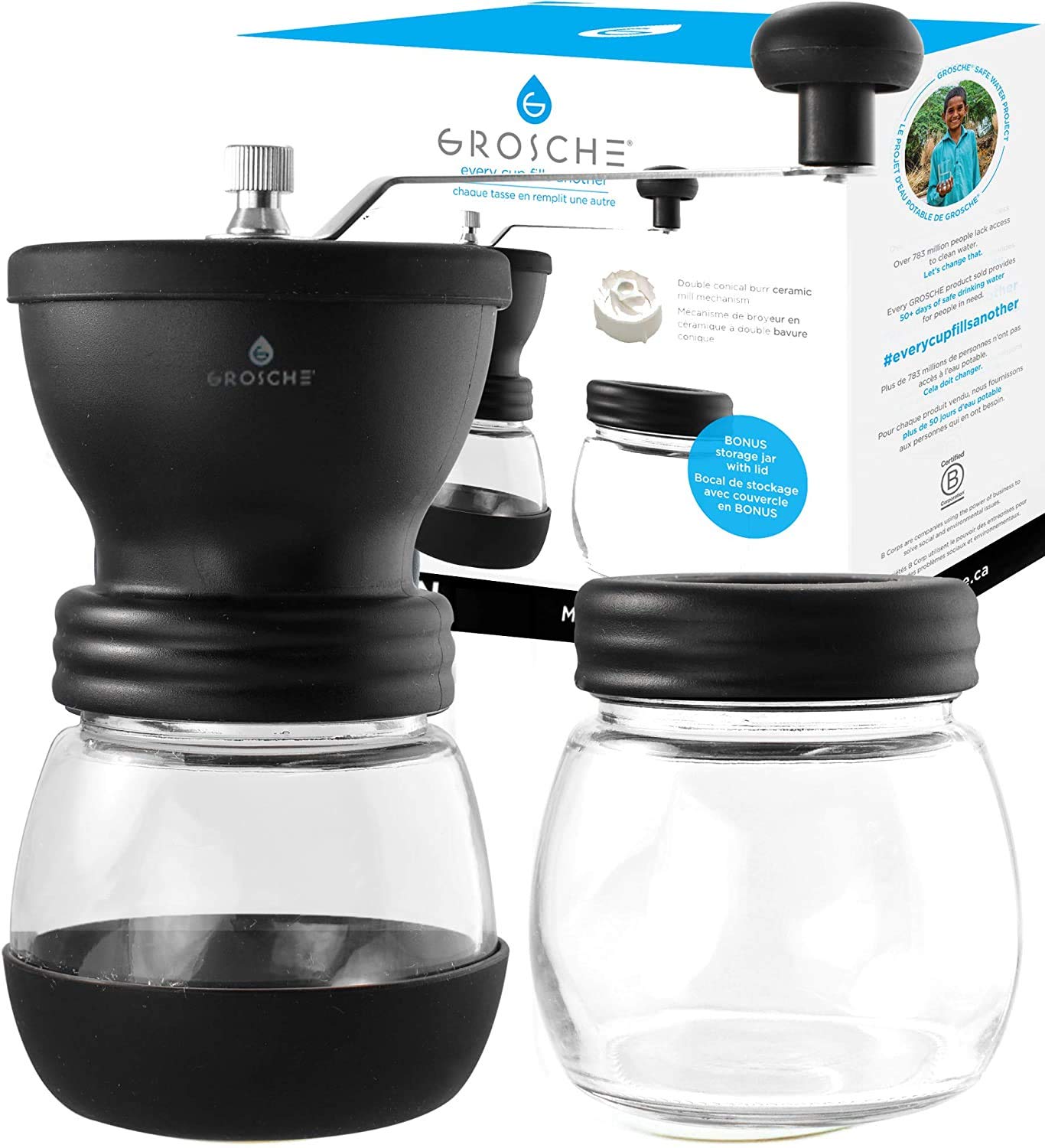 GROSCHE Bremen Manual Coffee Grinder - Premium Stainless Steel Hand Crank Coffee Bean Grinder with Ceramic Burr for Espresso, French Press & Pour Over - Portable Travel Coffee Grinder for Home & Camping Use