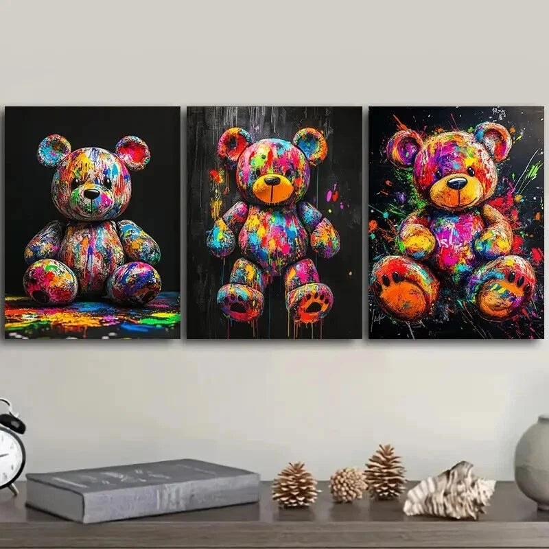 3-Piece Colorful Teddy Bear Graffiti Wall Art Set - Framed Canvas 50x70cm | High Quality Print | 100% Australian Made | Ready to Hang | Perfect for Kids' Room, Nursery, Playroom & Modern Home Decor