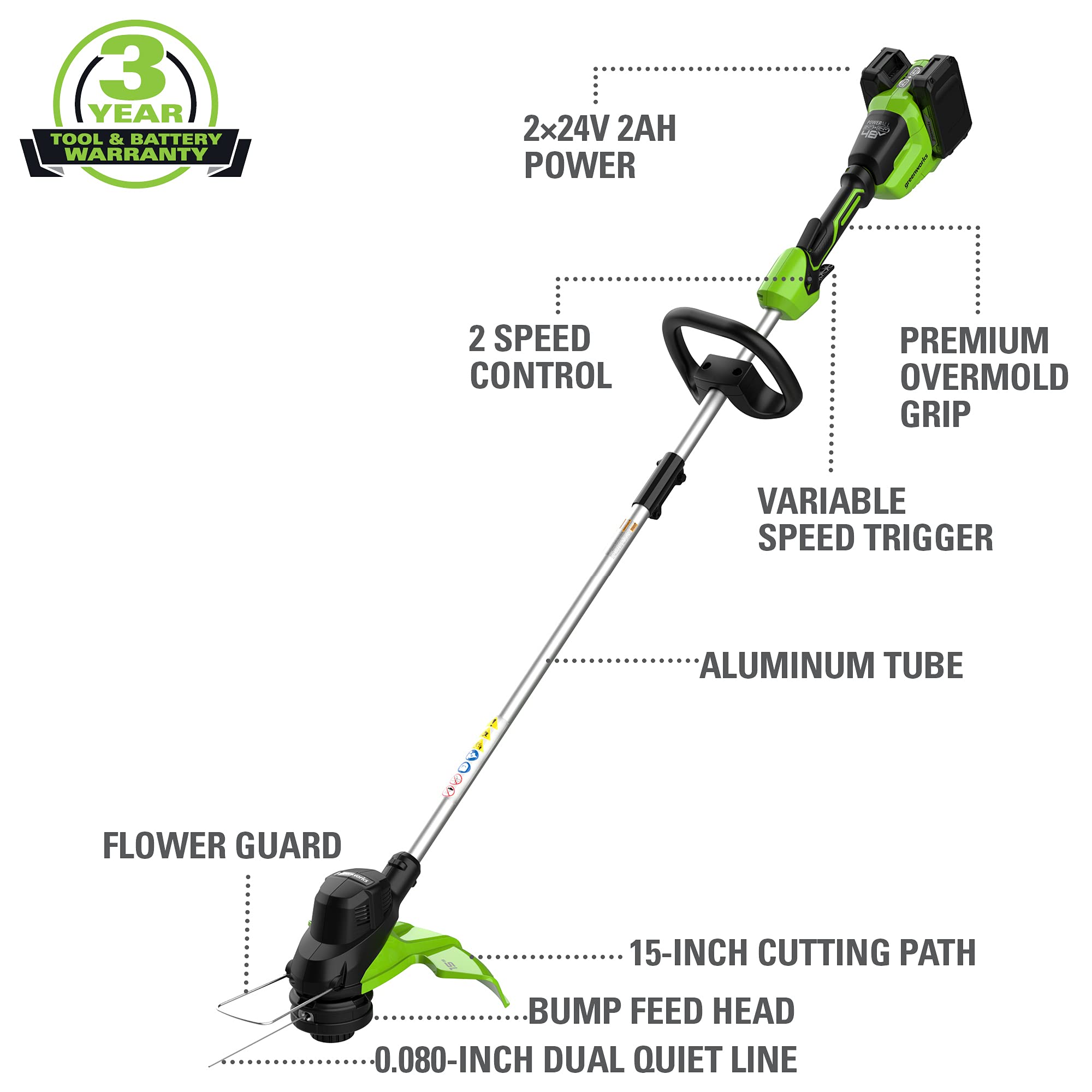 Greenworks 48V (2 x 24V) 15-Inch Cordless String Trimmer with 2.0Ah Batteries & Dual Port Charger - Lightweight Weed Eater for Lawn Edging, Yard Maintenance & Landscaping