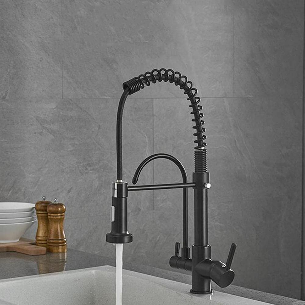 3-in-1 Pull Down Kitchen Faucet with Sprayer - Brass Black Finish, Hot & Cold Water Mixer with Pure Water Filtration System - Perfect for Modern Kitchens, Cooking, Washing Dishes and Food Prep