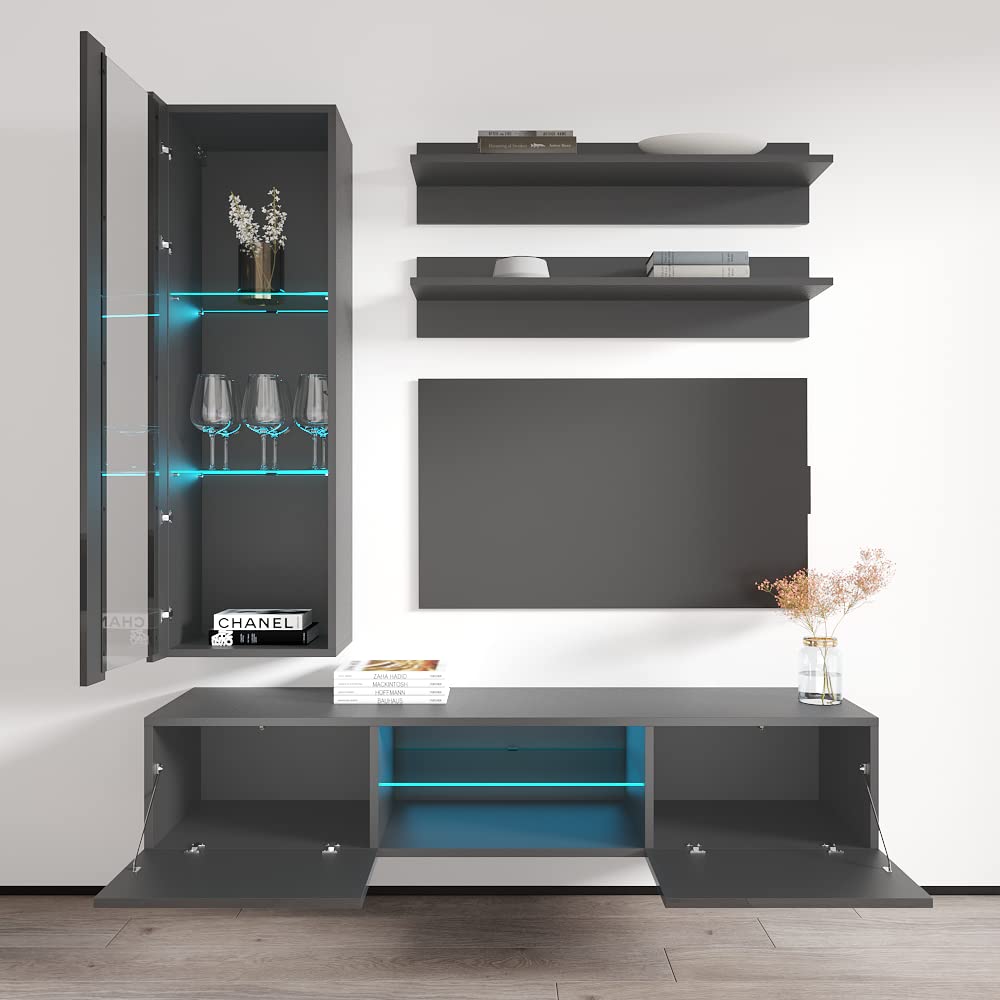 Modern Wall-Mounted TV Stand with Storage Shelves & LED Lights - 33