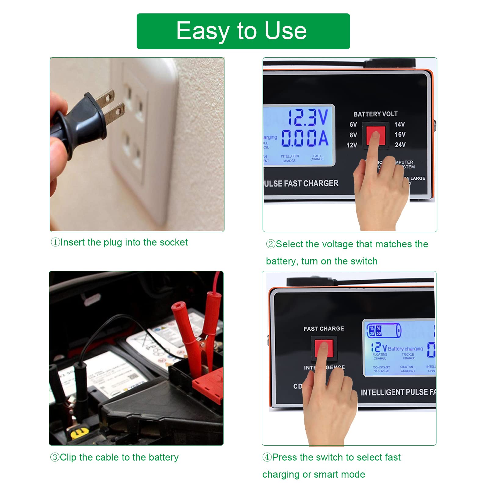 8V 10A Smart Car Battery Charger & Maintainer for 6/8/12/14/16/24V Lead-Acid Batteries - Automatic Charger with Cable Clamps & Handle - Perfect for Automotive, Golf Carts, Marine, RV & Power Sports (Orange)