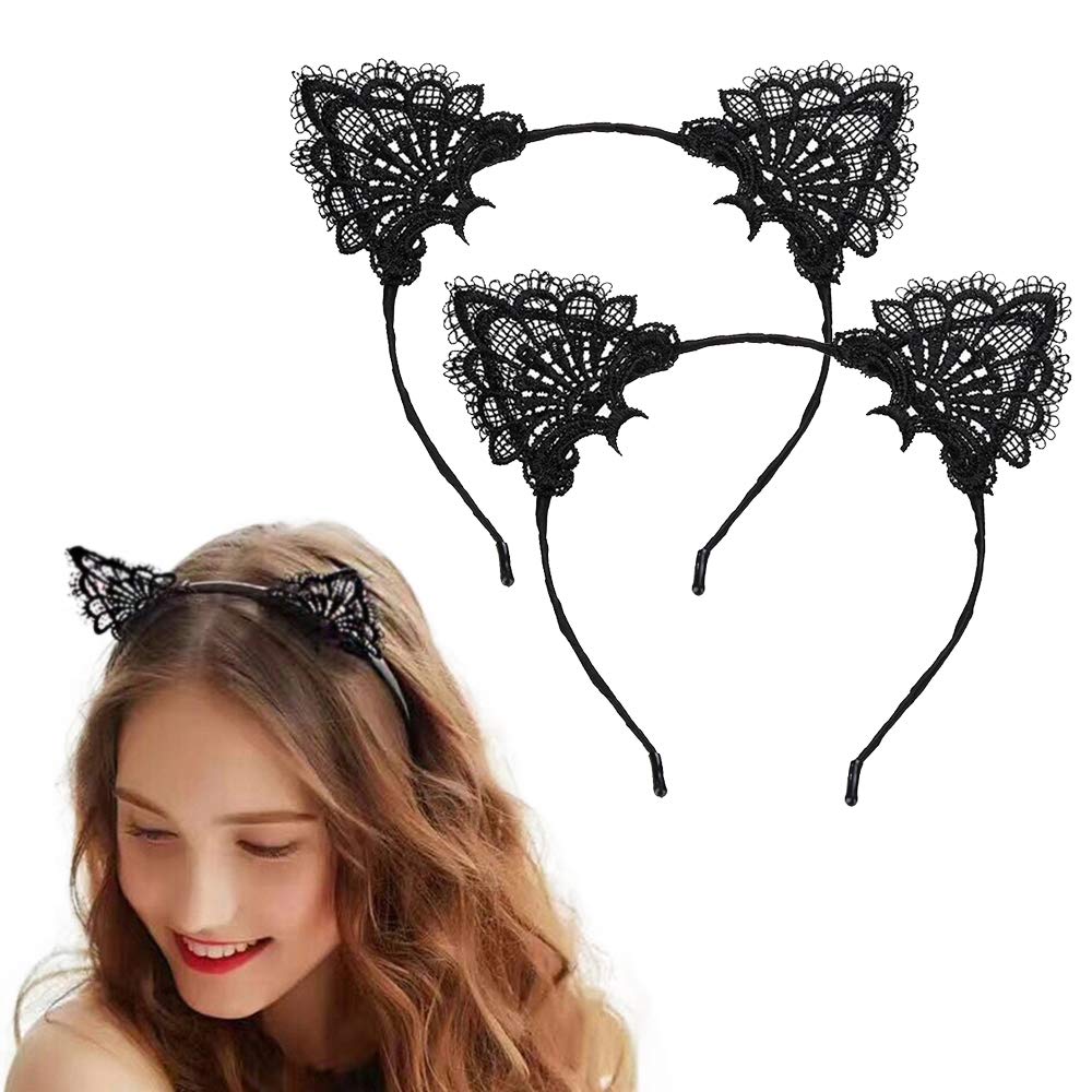 SUNTRADE 2PCS Lace Cat Ears Headband for Women - Elegant Sweet Sexy Hair Accessories for Cosplay, Halloween, Parties & Daily Fashion