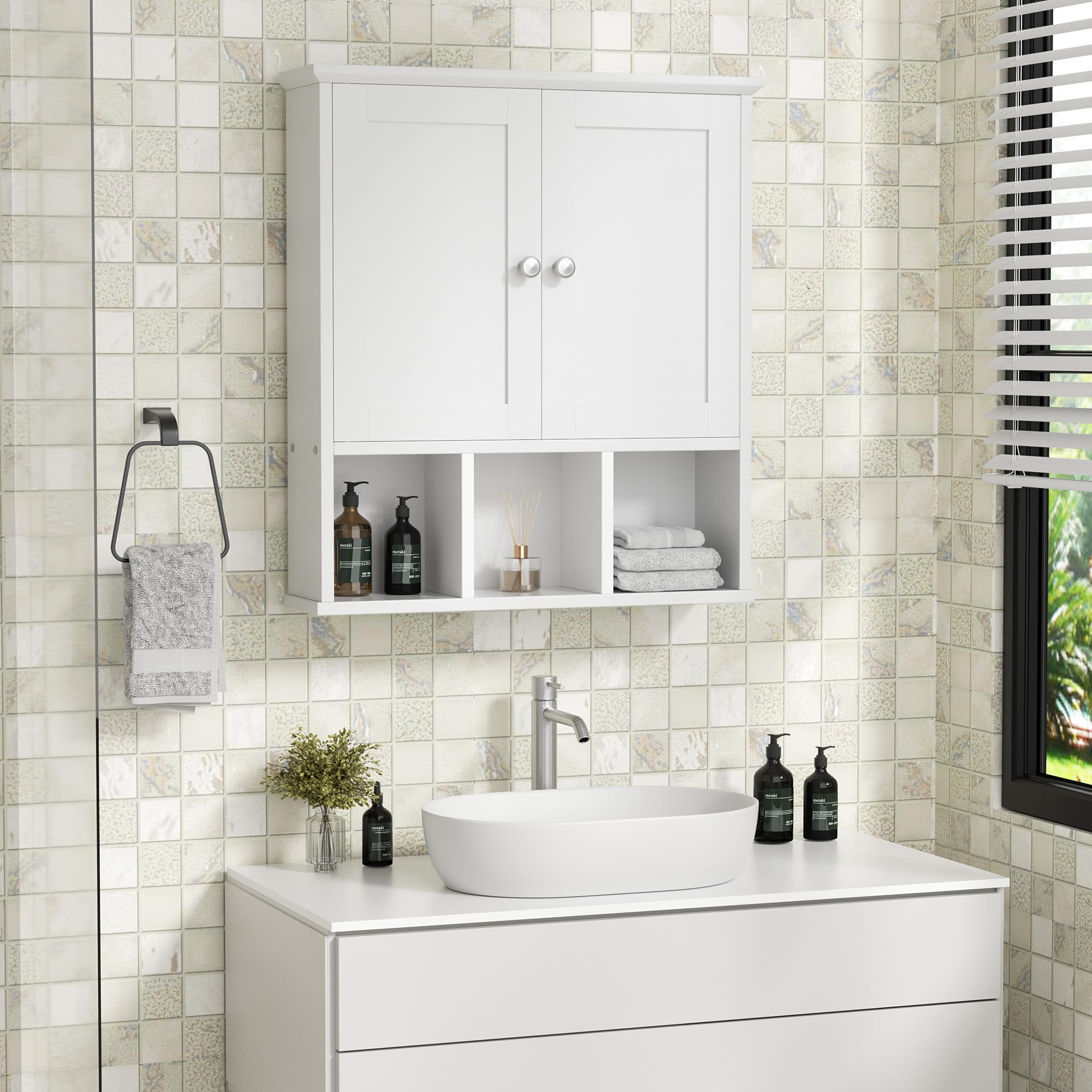 Shintenchi White Bathroom Wall Cabinet with Door - Over The Toilet Storage Organizer with Adjustable Shelves & Open Shelf - Perfect for Small Bathroom Organization, Medicine Storage & Bathroom Decor