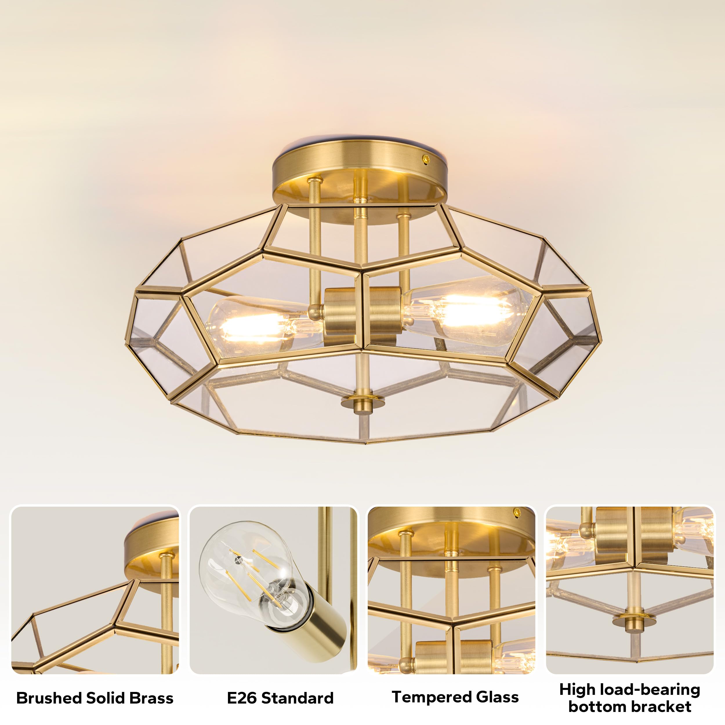 Handcrafted Brass Flush Mount Chandelier - Elegant Copper Ceiling Light Fixture for Bedroom, Living Room & Dining Room | Modern Lighting for Home Decor & Interior Design