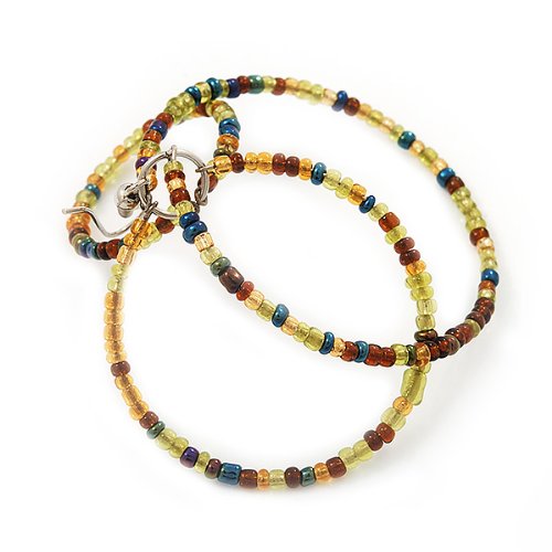 Stylish Lime Green & Brown Glass Bead Hoop Earrings in Silver Finish - 6.5cm (2.56 inches) Dangle Earrings for Women | Perfect for Parties, Weddings & Everyday Fashion Accessories