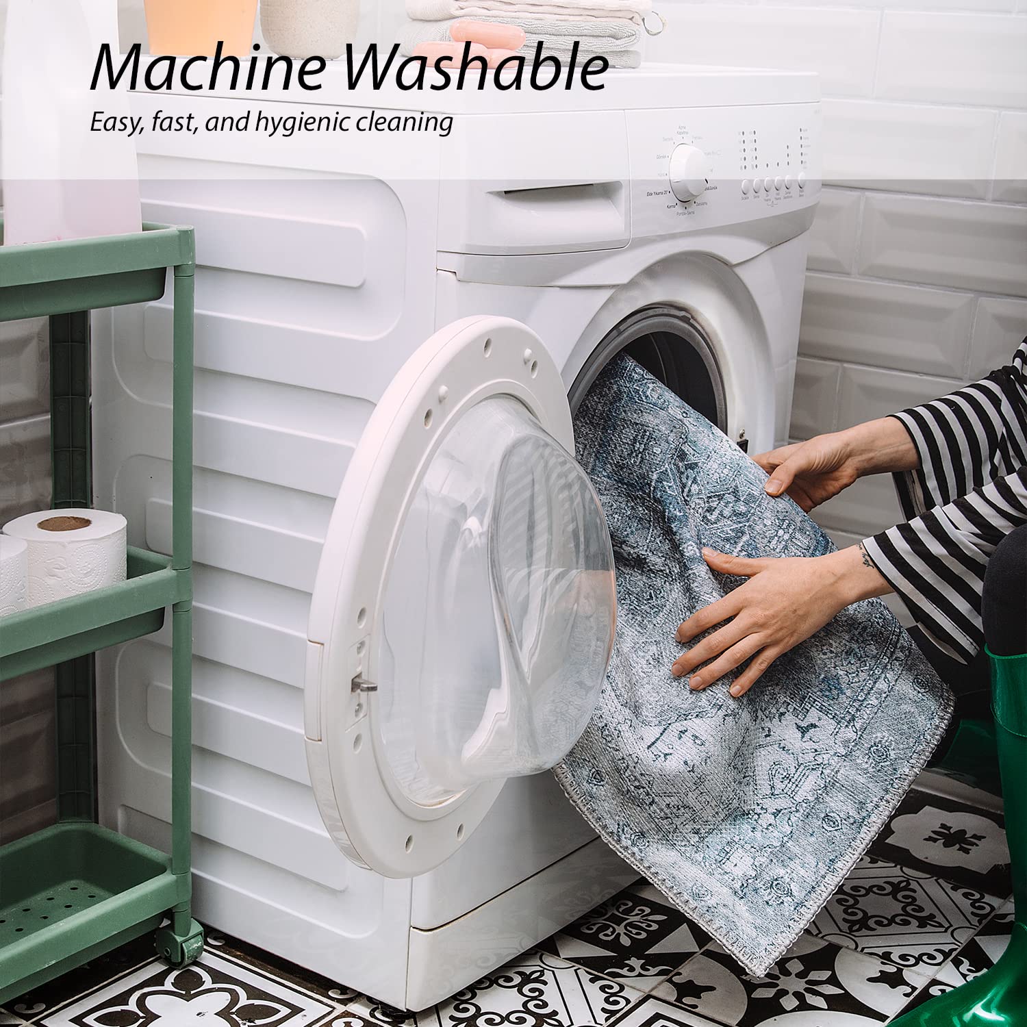 Machine Washable Area Rug - Pet-Friendly, Non-Slip Indoor Carpet for Kitchen, Bathroom, Living Room | Home Floor Decor in Denim/Eggnog (5'1