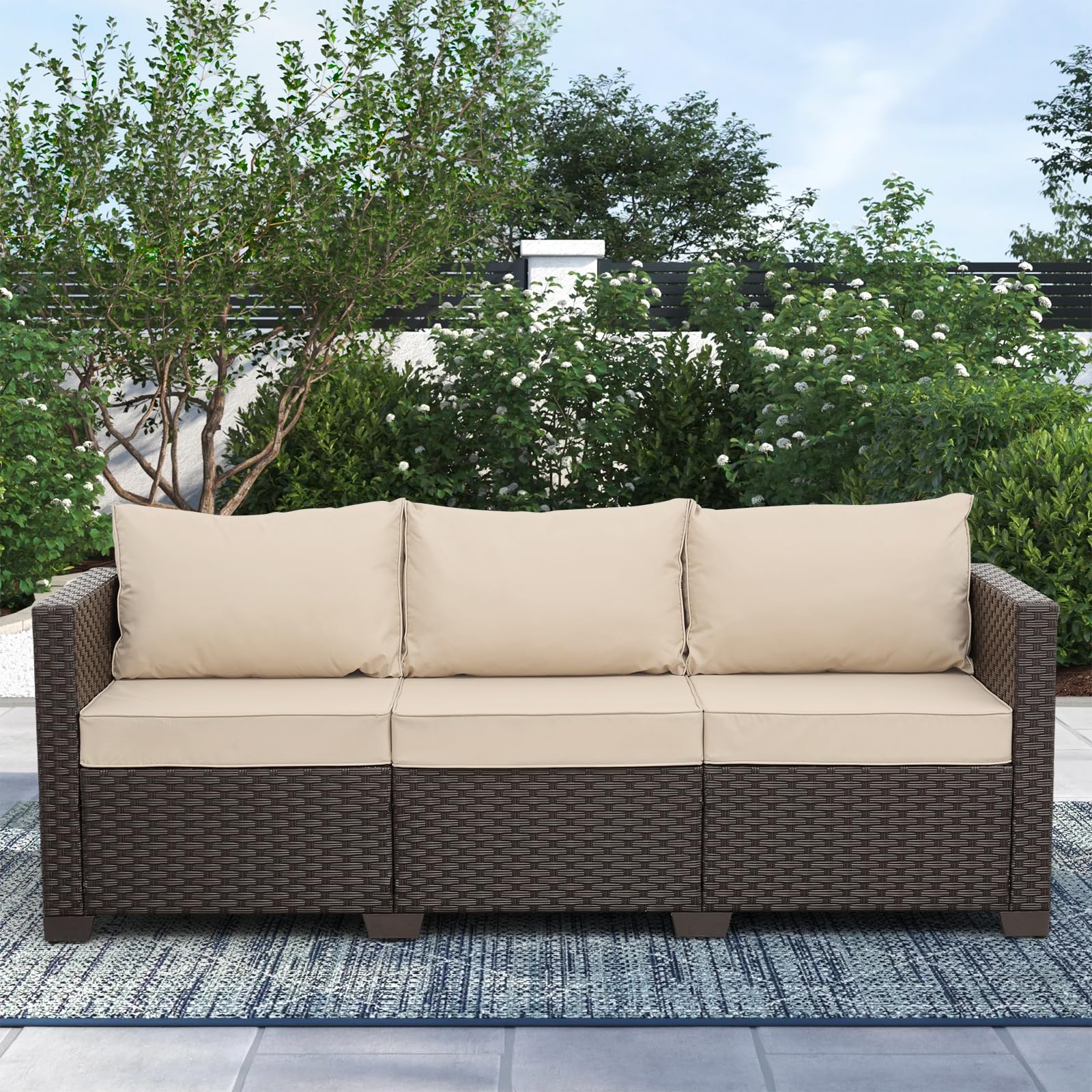 Premium 3-Seat Rattan Patio Sofa Set - Waterproof Wicker Outdoor Furniture with Deep Seat, High Backrest & Anti-Slip Cushions (Khaki) - Perfect for Garden, Poolside, and Backyard Relaxation