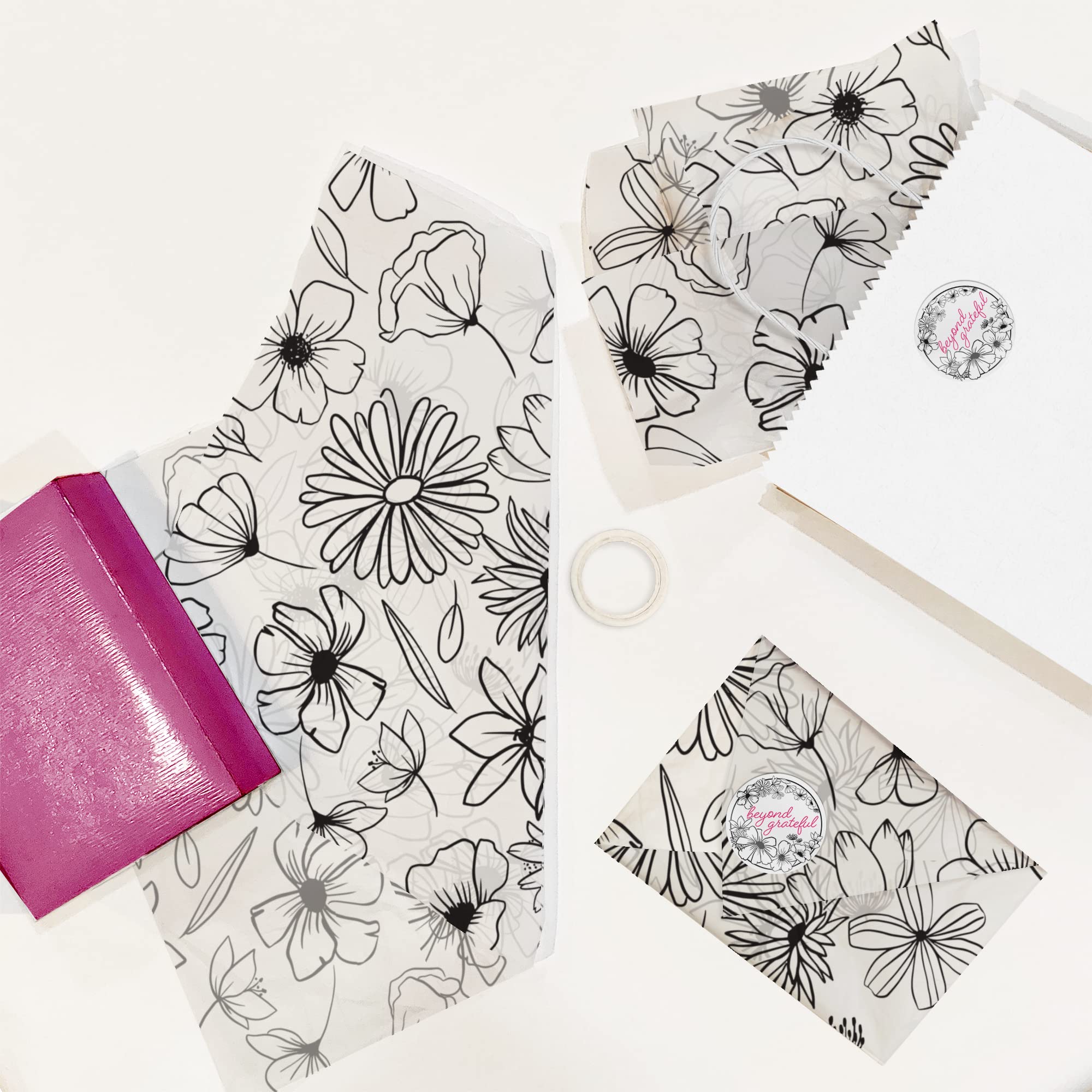 Premium Black & White Floral Printed Tissue Paper - 24 Sheets 20