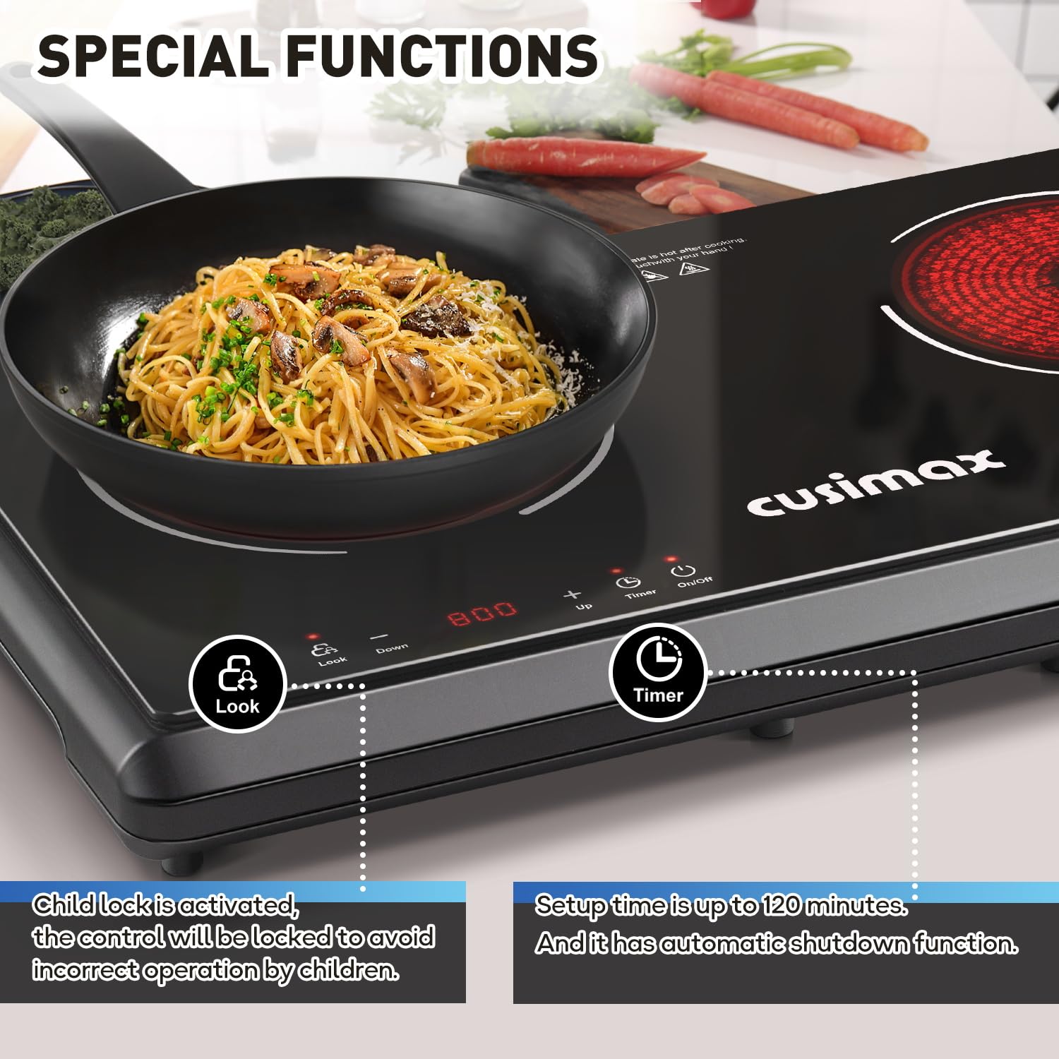 CUSIMAX 1800W Double Infrared Electric Stove - 9 Power Levels, Sensor Touch, Kids Safety Lock & Timer - Ceramic Countertop Hot Plate for Easy Cleaning | Perfect for Kitchen, Dorm, RV & Outdoor Cooking