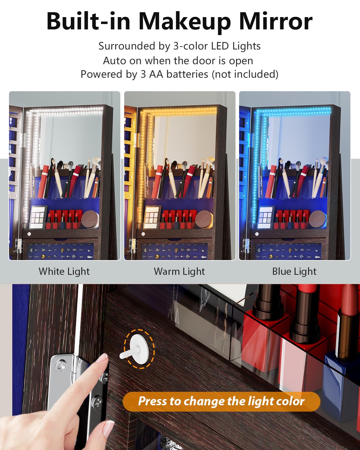 Full Length Mirror with Jewelry Storage - 360° Swivel Jewelry Cabinet with LED Lights & Lockable Organizer | Standing Jewelry Armoire with Mirror for Bedroom, Dressing Room & Christmas Gifts (Brown)