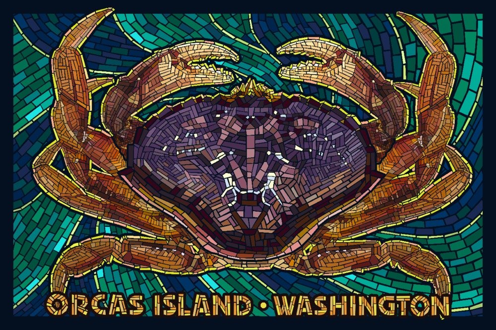 Orcas Island Washington Dungeness Crab Mosaic Art Print - 24x36 Signed Wall Decor Poster | Coastal Home Decor, Beach House Wall Art, Pacific Northwest Gift Idea