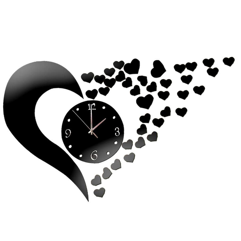 Gazechimp DIY 3D Mirror Heart Wall Clock Sticker - Silent Quartz Movement, Black (45x45cm) - Perfect for Home, Bedroom & Office Decor | Unique Gift Idea for Valentine's Day & Housewarming