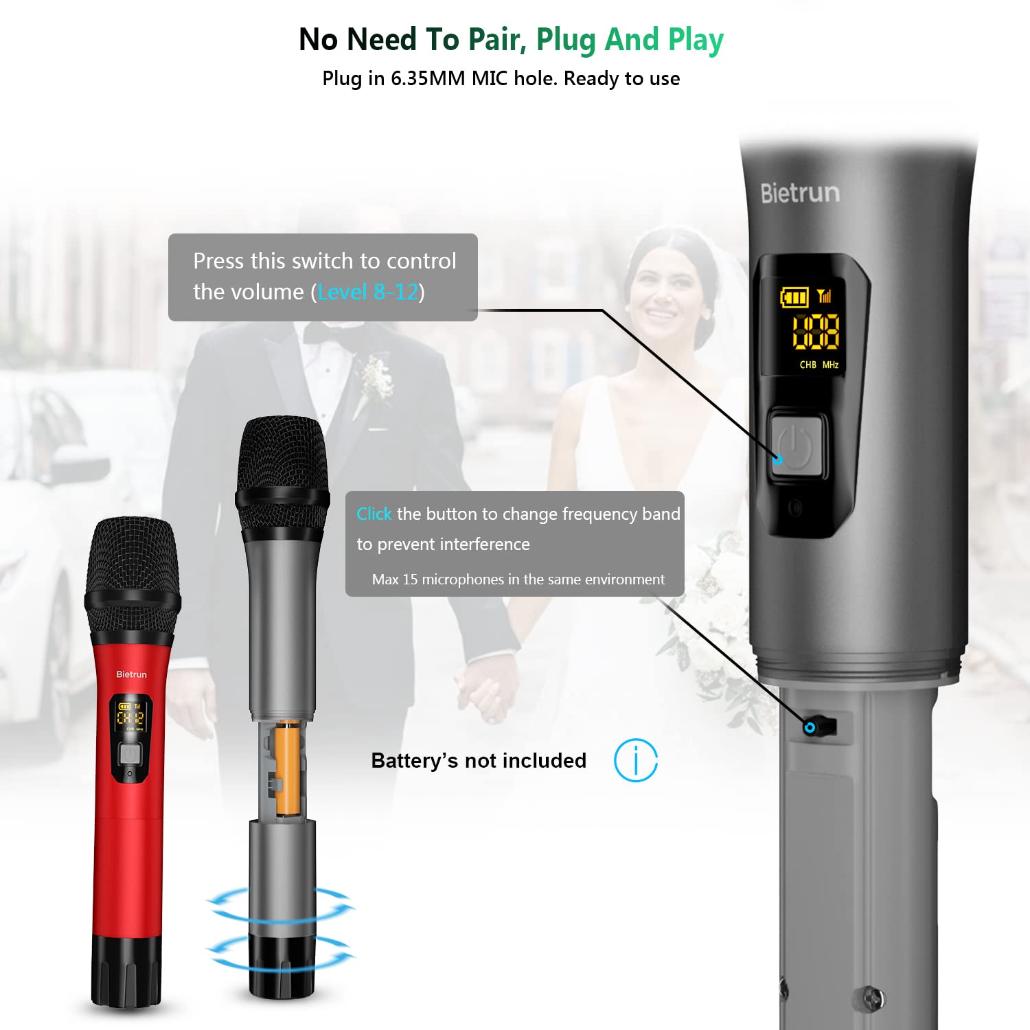 Bietrun Professional UHF Wireless Microphone System - Dual Metal Handheld Dynamic Mics with Rechargeable Receiver, 1/4'' Output, Plug & Play for Karaoke, Wedding, Church, Live Performances & Public Speaking
