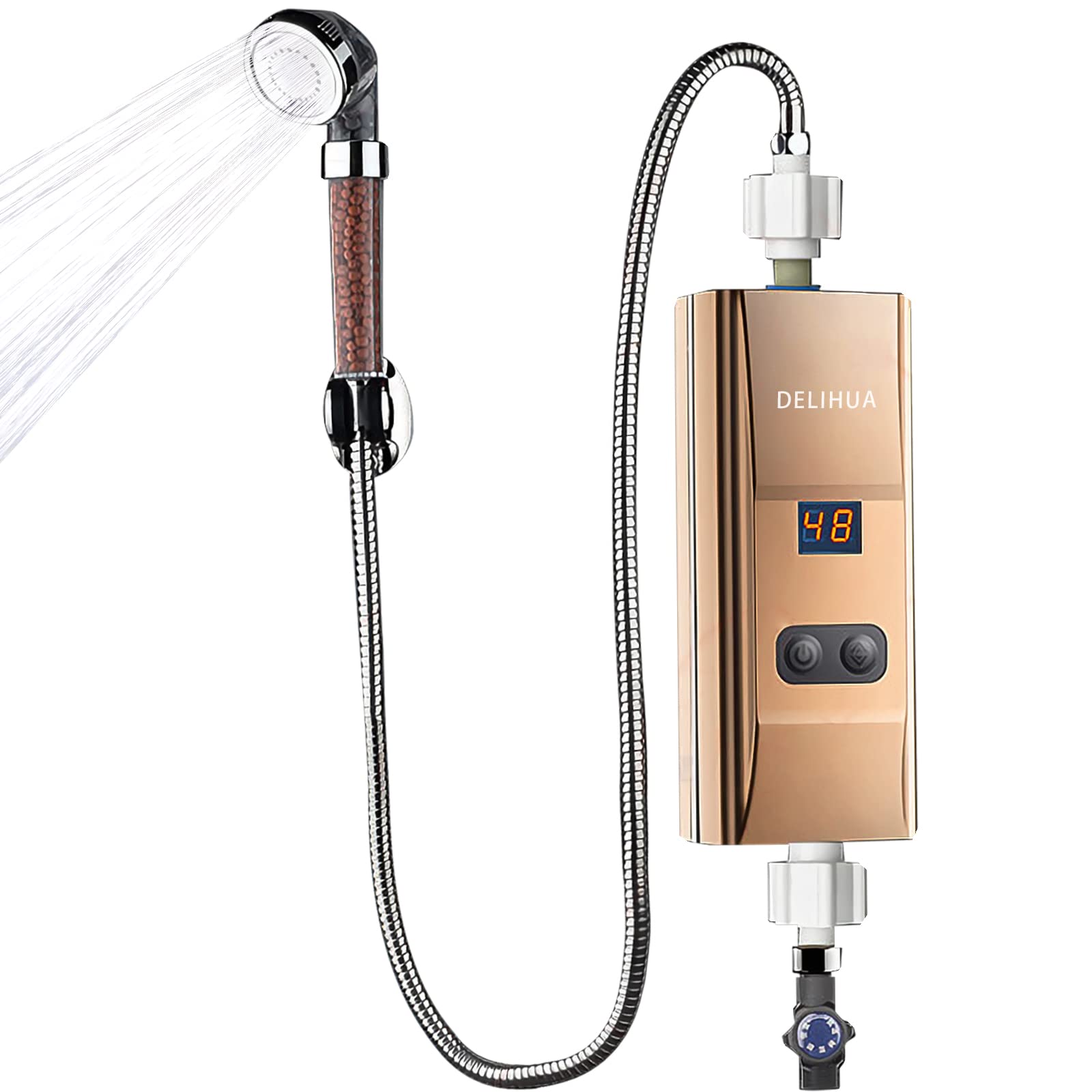 Electric Tankless Water Heater - Digital Display Instant Hot Water System for RV, Shower & Under Sink | On-Demand Portable Water Heater with Compact Design (Gold) | Perfect for Tiny Homes, Campers & Off-Grid Living