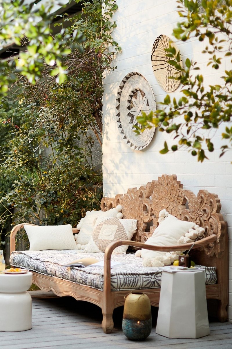 Hand Carved Wooden Lotus Daybed - Antique Design Sofa for Living Room, Bedroom & Outdoor Relaxation