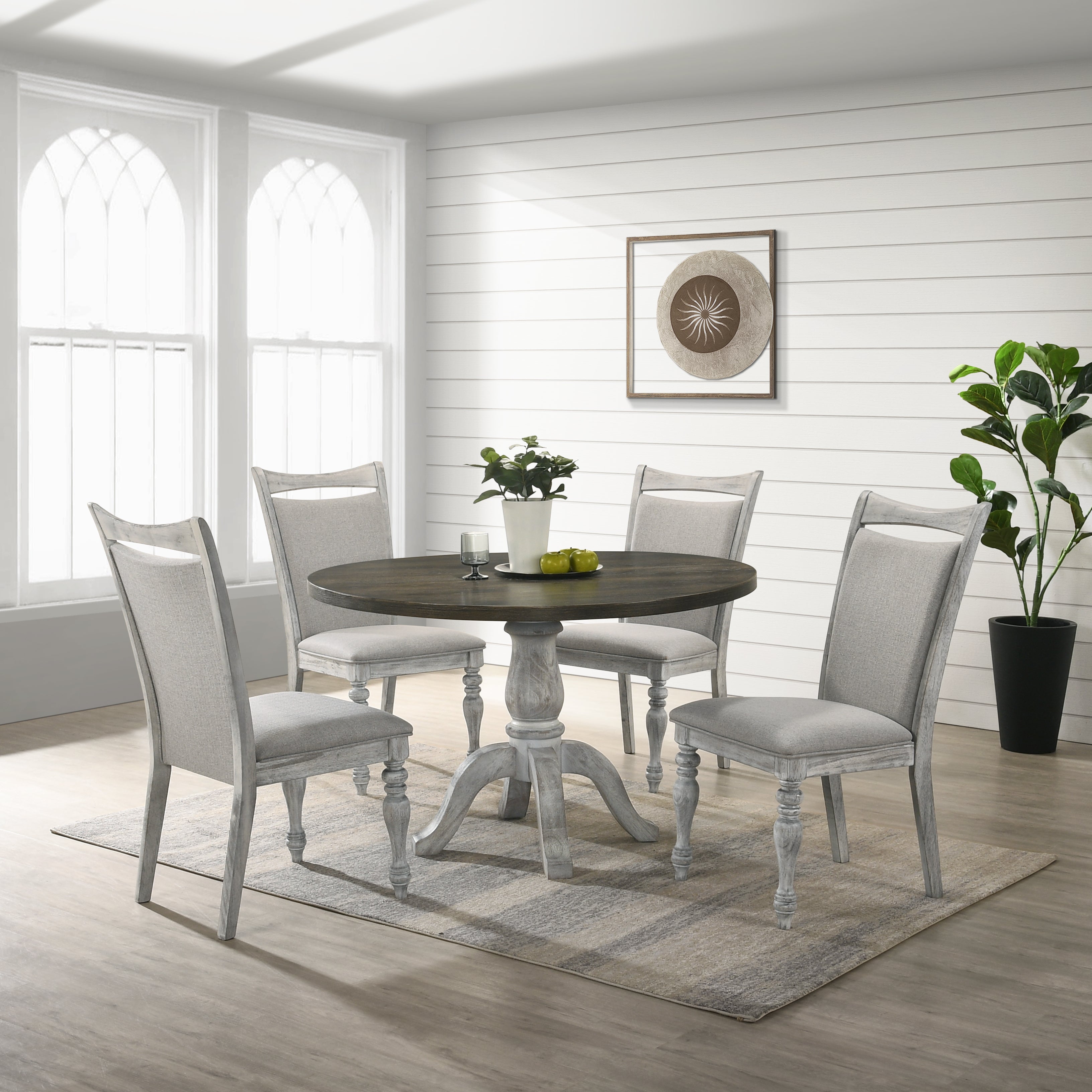 Roundhill Furniture Iris 5-Piece Dining Set - Round Pedestal Table with 4 Weathered White & Gray Chairs - Perfect for Small Spaces, Breakfast Nooks & Cozy Kitchens