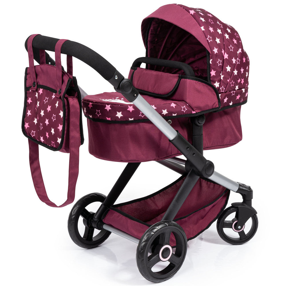 Bayer Design Dolls: Pram Xeo Burgundy with White Stars & Unicorn Motif - Perfect for Baby Showers, Nursery Decor & Collectible Gift Ideas