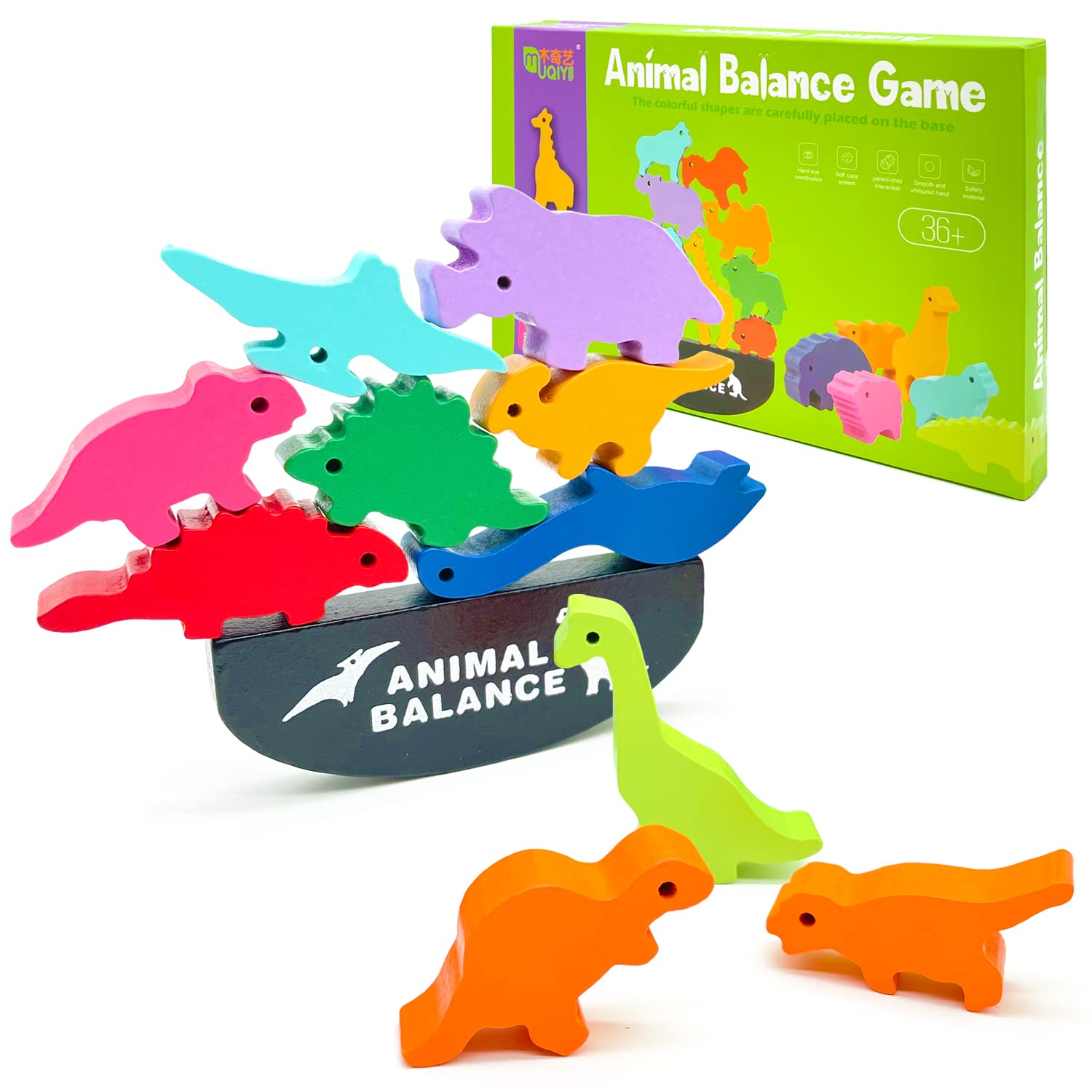 Dinosaur Wooden Balance Blocks - Montessori Stacking Building Toys for Kids, Educational Preschool Learning Games for Boys & Girls - Perfect Birthday Party Gift & Classroom Activity (Dino Theme)