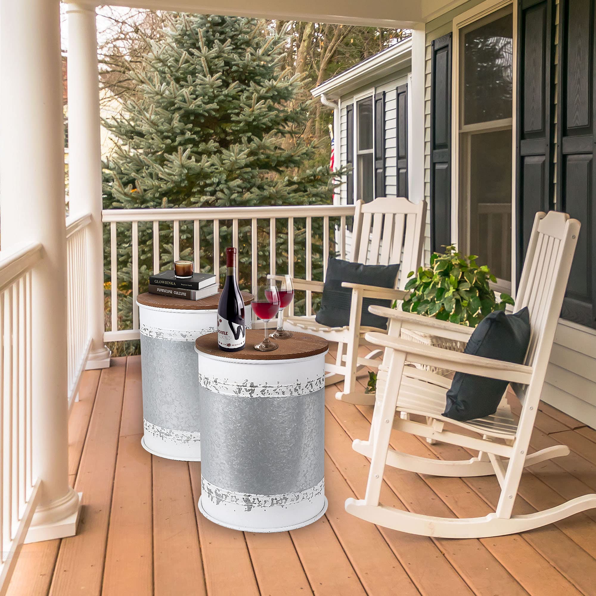 Rustic Farmhouse Side Table with Storage - White Distressed Galvanized Metal Ottoman Stool, Round Wood Lid, Coffee & Cocktail Table - Perfect for Living Room, Bedroom, or Patio Decor