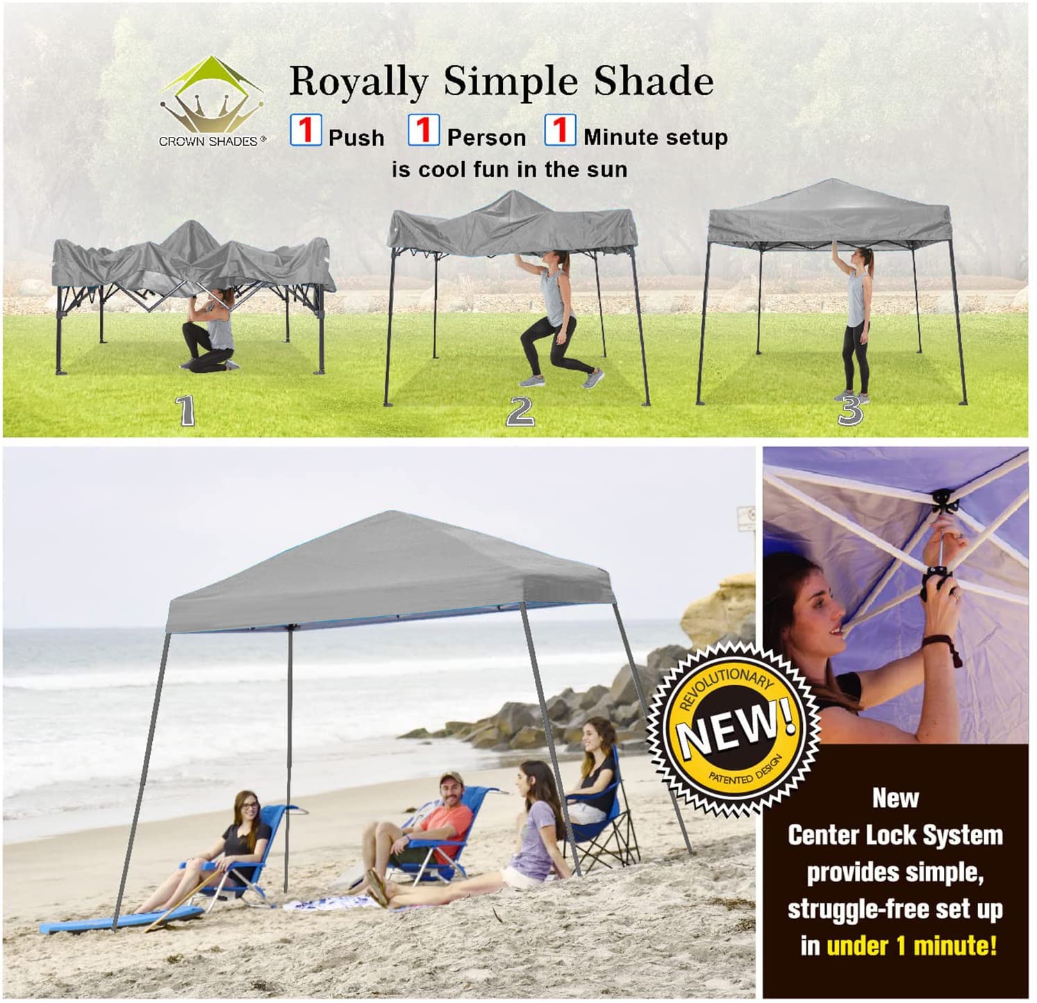 6.5x6.5ft Pop Up Canopy Tent with Carry Bag - Outdoor Beach & Sports Shelter (Gray)
