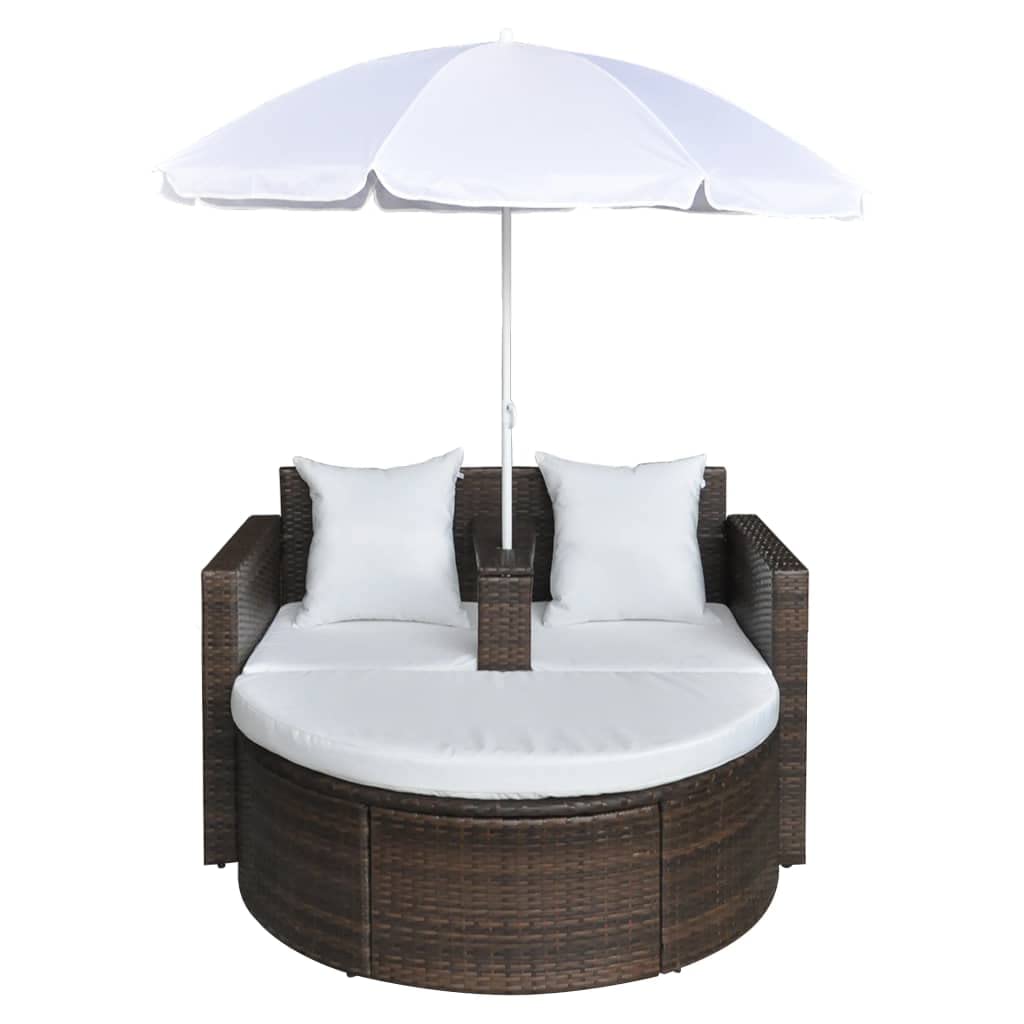 vidaXL Patio Bed with Removable Parasol Lounge Set - Brown Poly Rattan & Cream Cushions, Detachable Foot Stool, Weather-Resistant PE Wicker, Washable Covers | Outdoor Furniture for Poolside, Garden, Backyard Relaxation