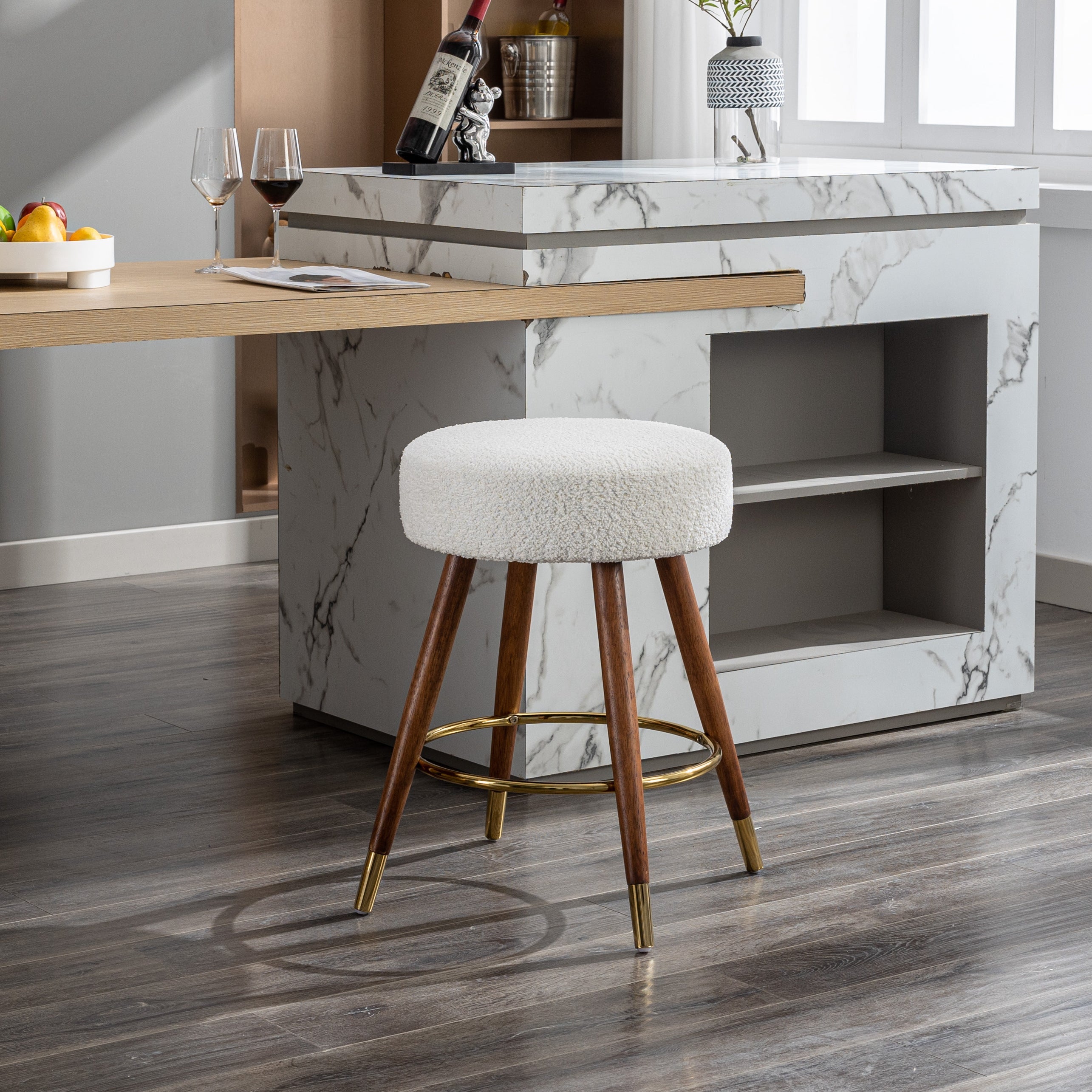 Roundhill Furniture MoMo Boucle Upholstered Swivel Bar Stool - 360° Rotating Counter Height Stool with White Fabric - Perfect for Kitchen Islands, Breakfast Bars & Modern Home Decor